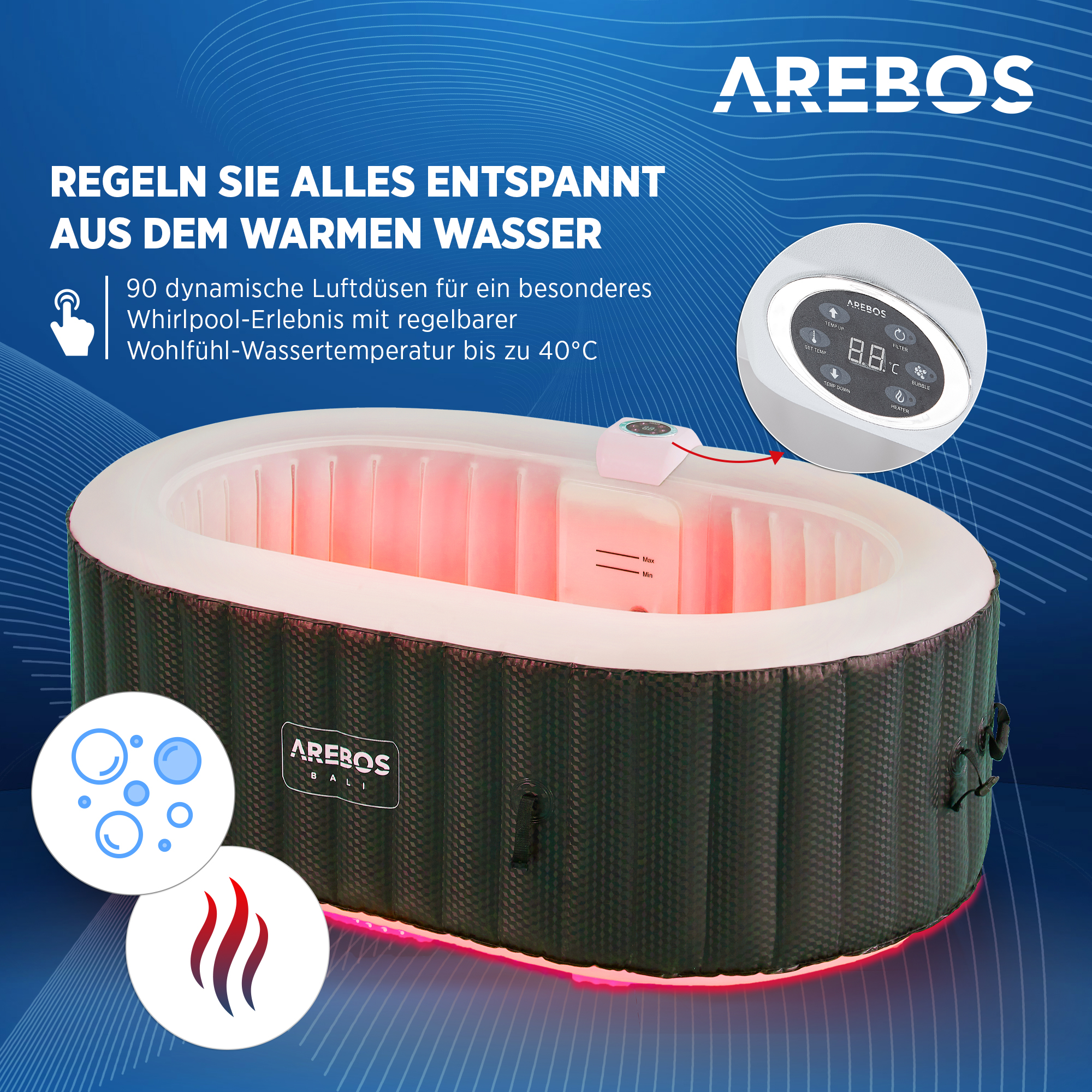 Ein Whirlpool mit Wasser und Blasen. Die Wanne ist schwarz mit roten Lichtern.