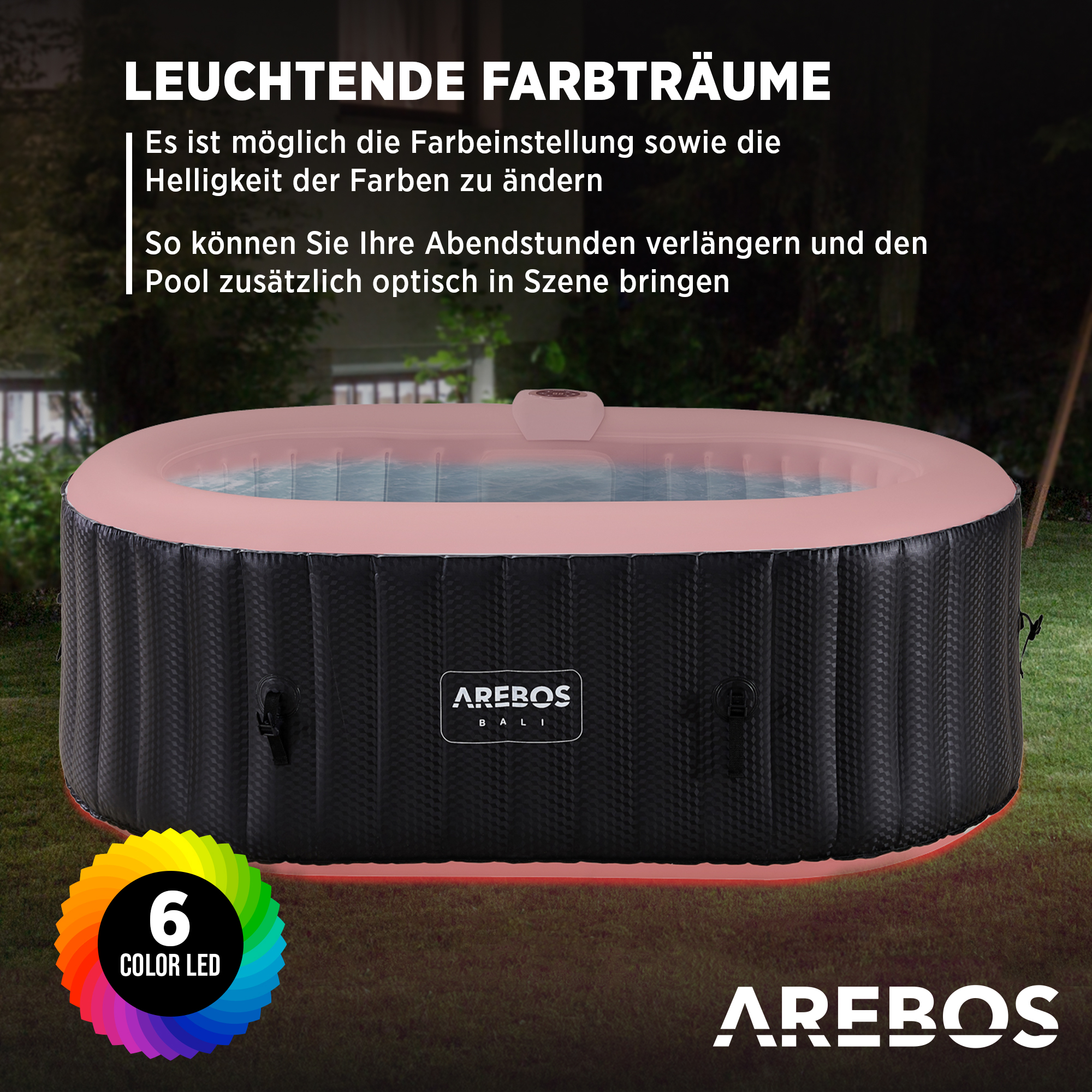 Ein aufblasbarer Whirlpool mit rosa Innenraum und schwarzem Äußeren.