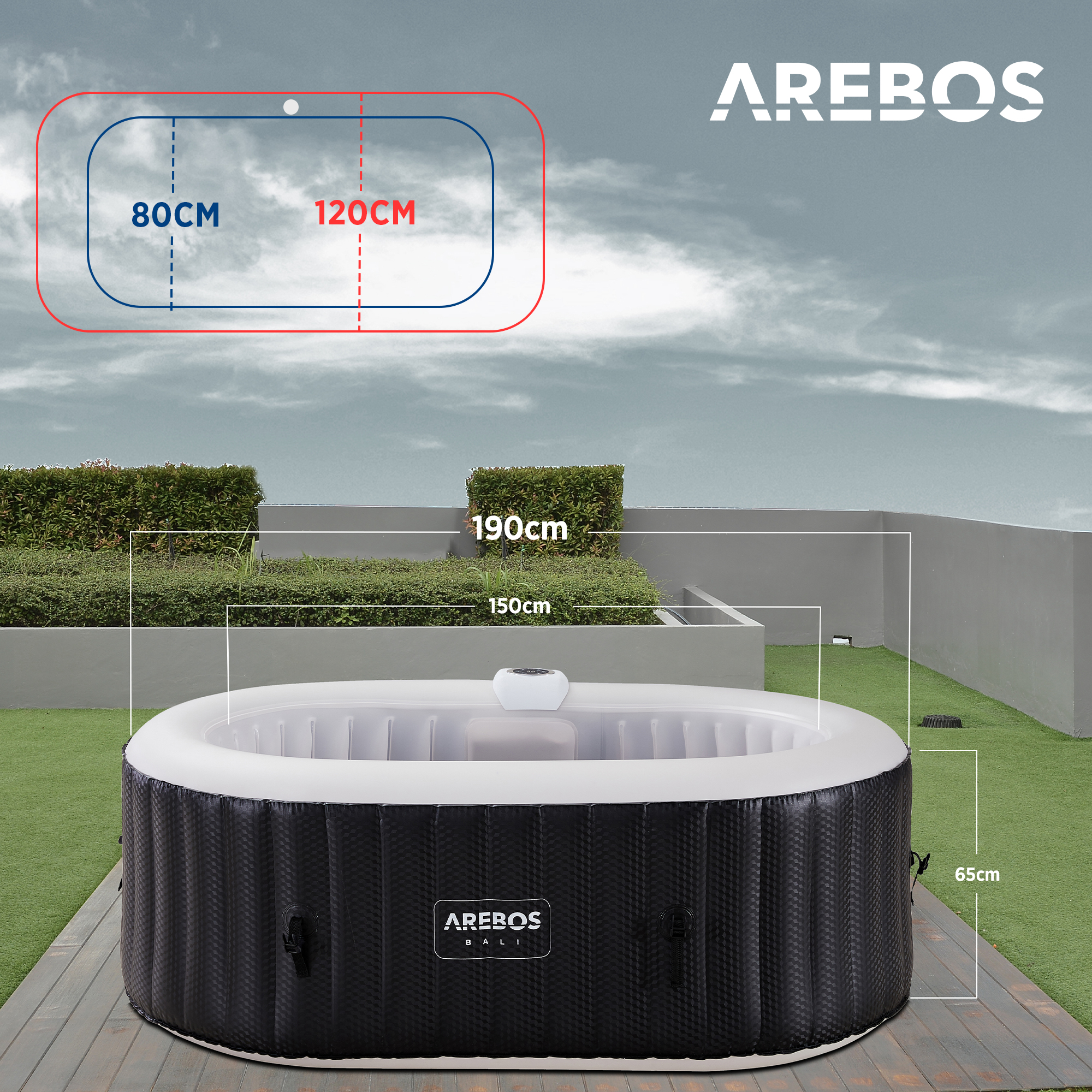 Aufblasbarer Whirlpool in Schwarz und Weiß mit Maßen, auf Holzterrasse.