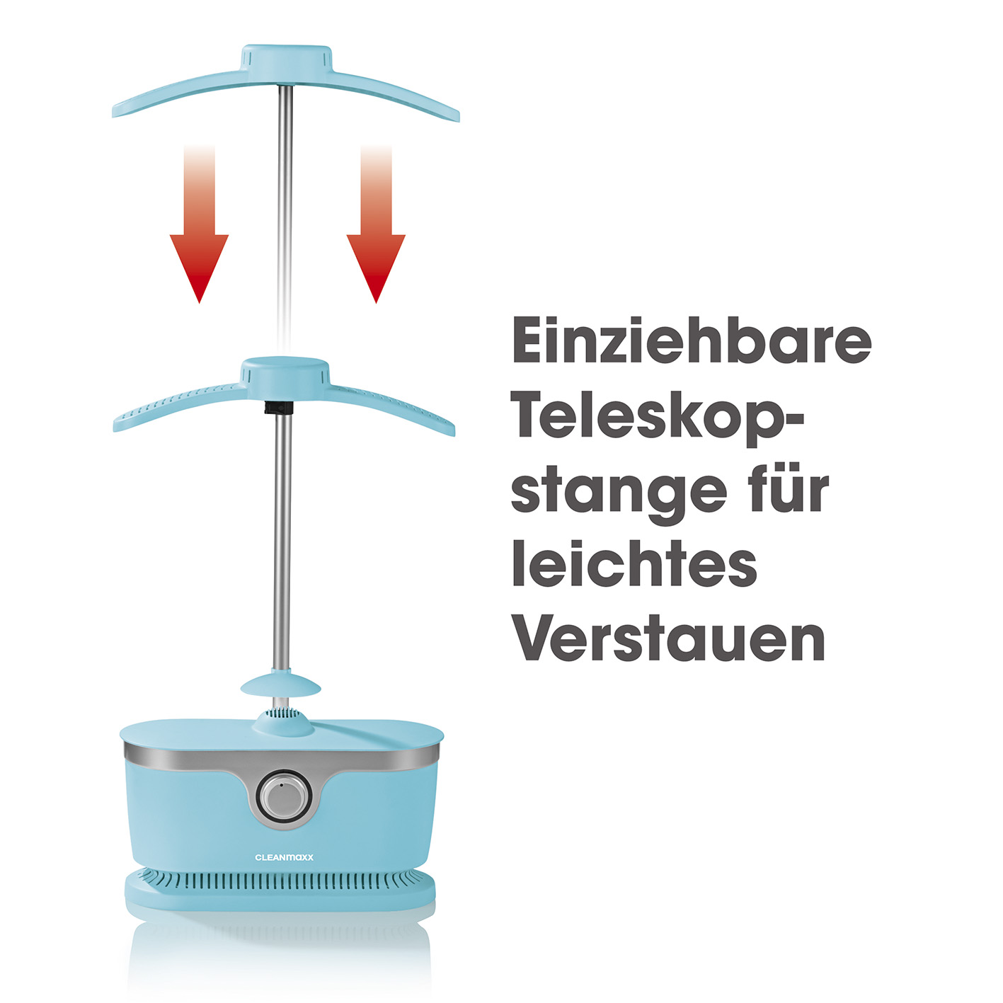 Blauer und weißer Kleiderdampfer. Rote Pfeile, die nach unten auf den oberen Bügel zeigen.