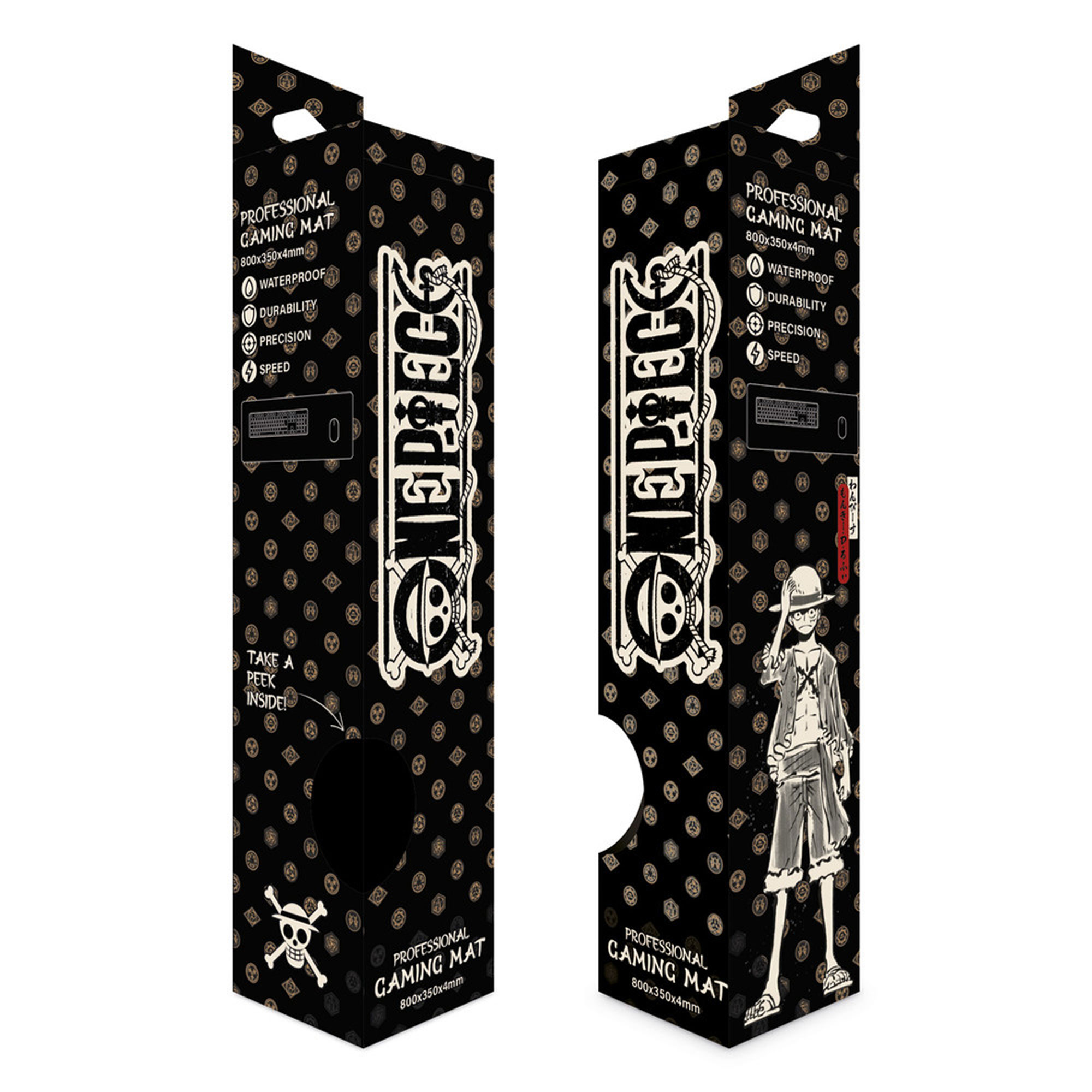 One Piece Gaming-Matten-Verpackung. Eine Zeichnung einer Figur und das Logo sind sichtbar.
