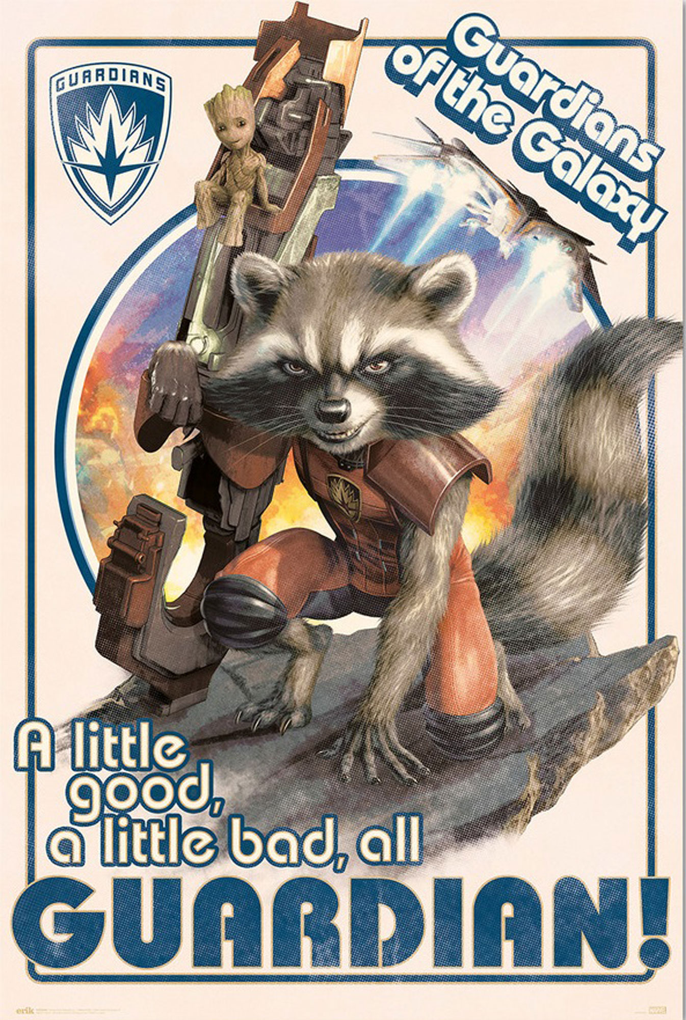 Ein Guardians of the Galaxy Poster. Rocket, Groot und ein Schiff sind abgebildet.