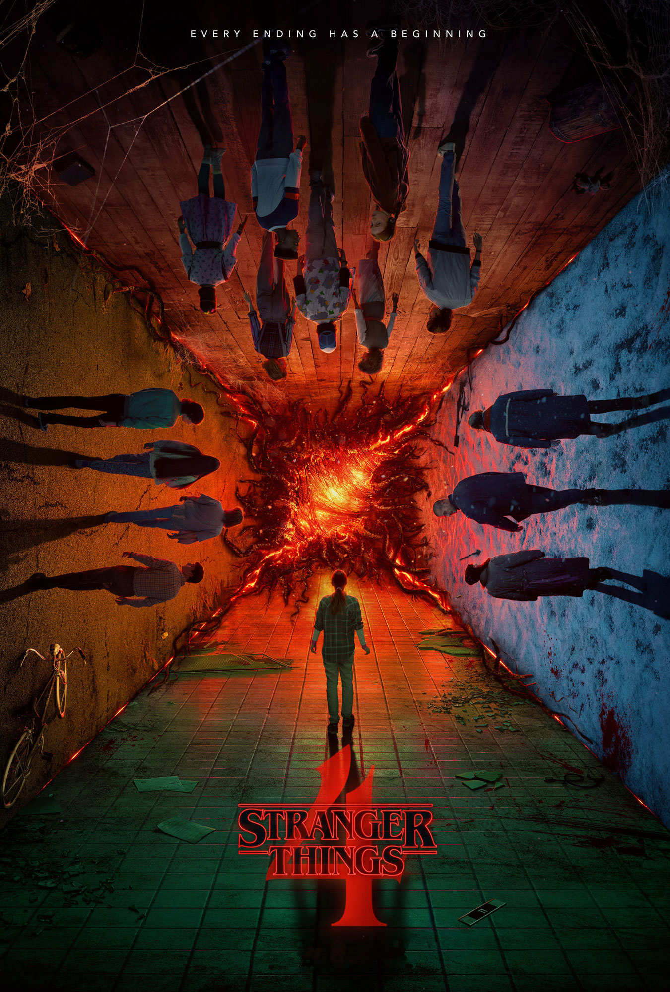 Stranger Things-Poster mit Charakteren in einer geteilten Szene, rot und grün, mit umgekehrten Spiegelungen.