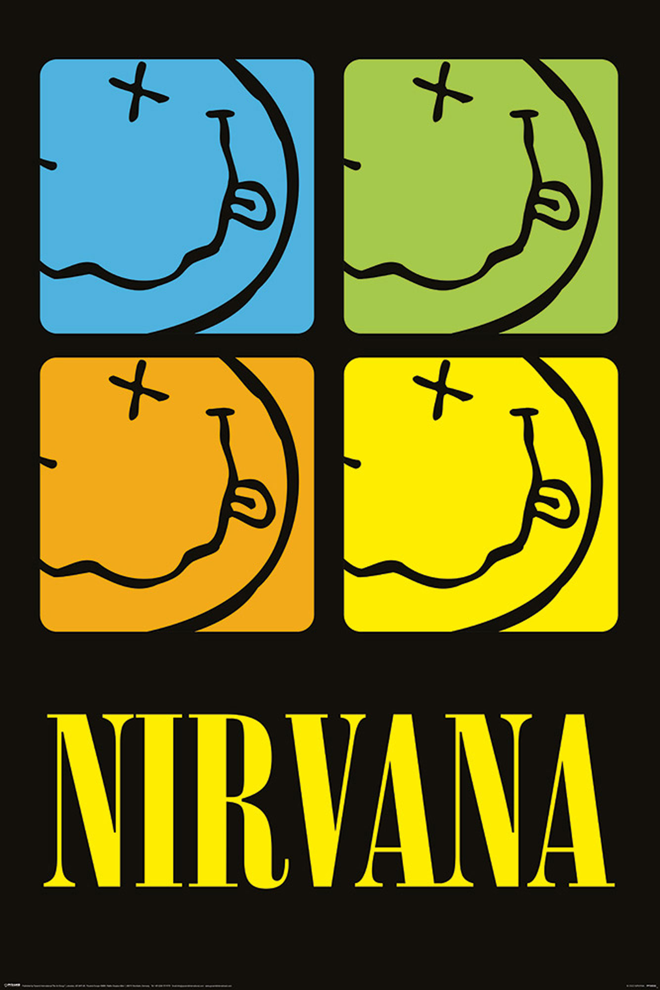 Poster mit Nirvana-Logo, mit vier bunten Smiley-Gesichtern.