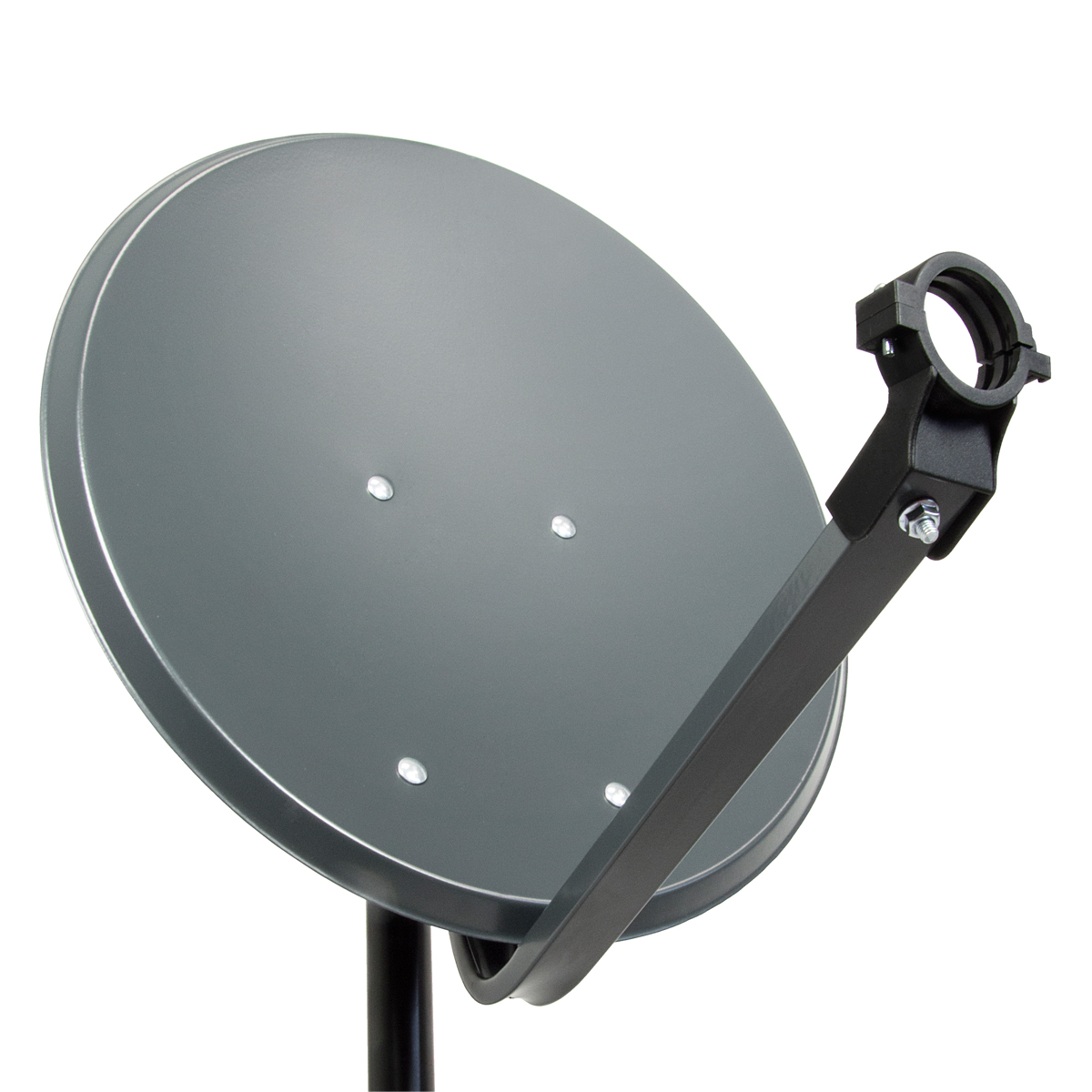 Graue Satellitenschüssel, schwarzer Tragarm, weißer Hintergrund.