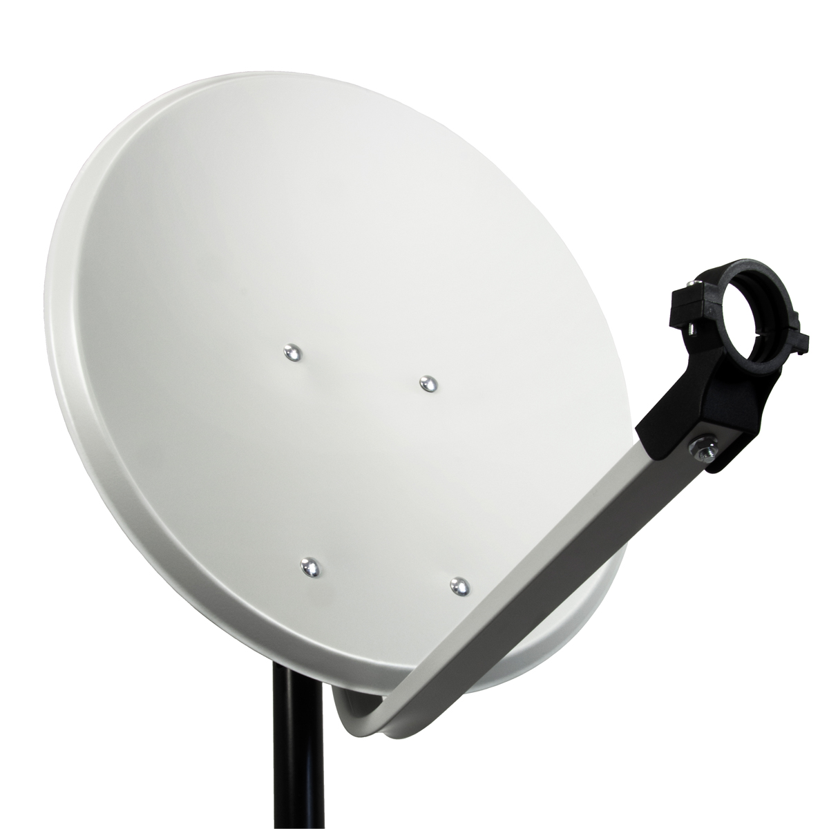 Eine weiße Satellitenschüssel mit Trägerarm und Halterung, isoliert auf Weiß.