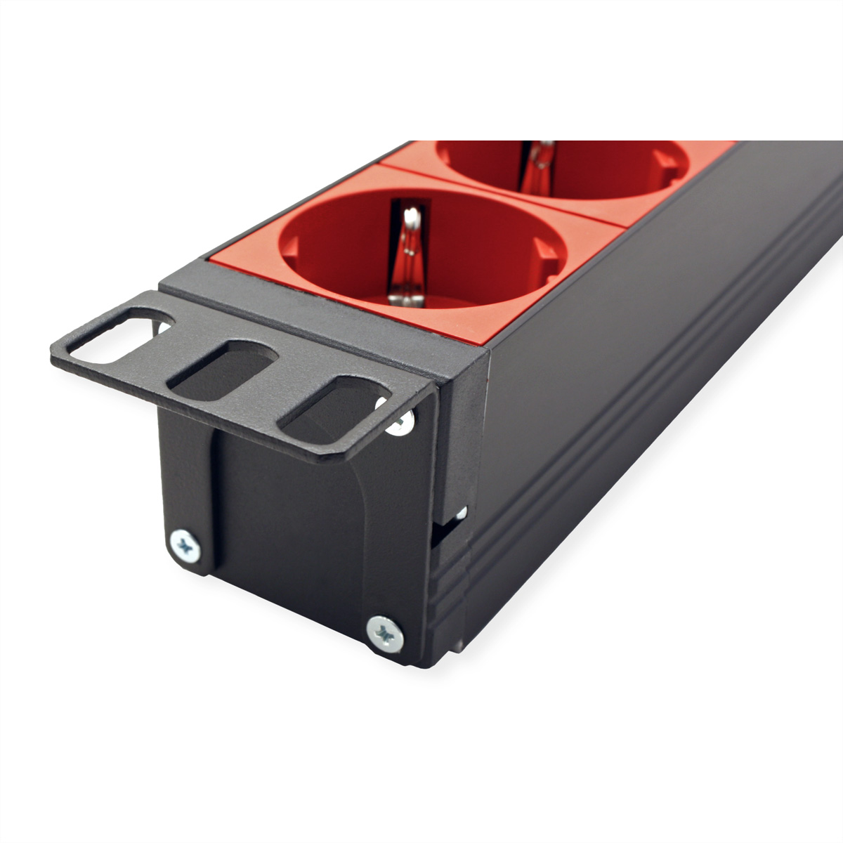 Czarna i czerwona listwa zasilająca z trzema gniazdami i uchwytem montażowym z boku.