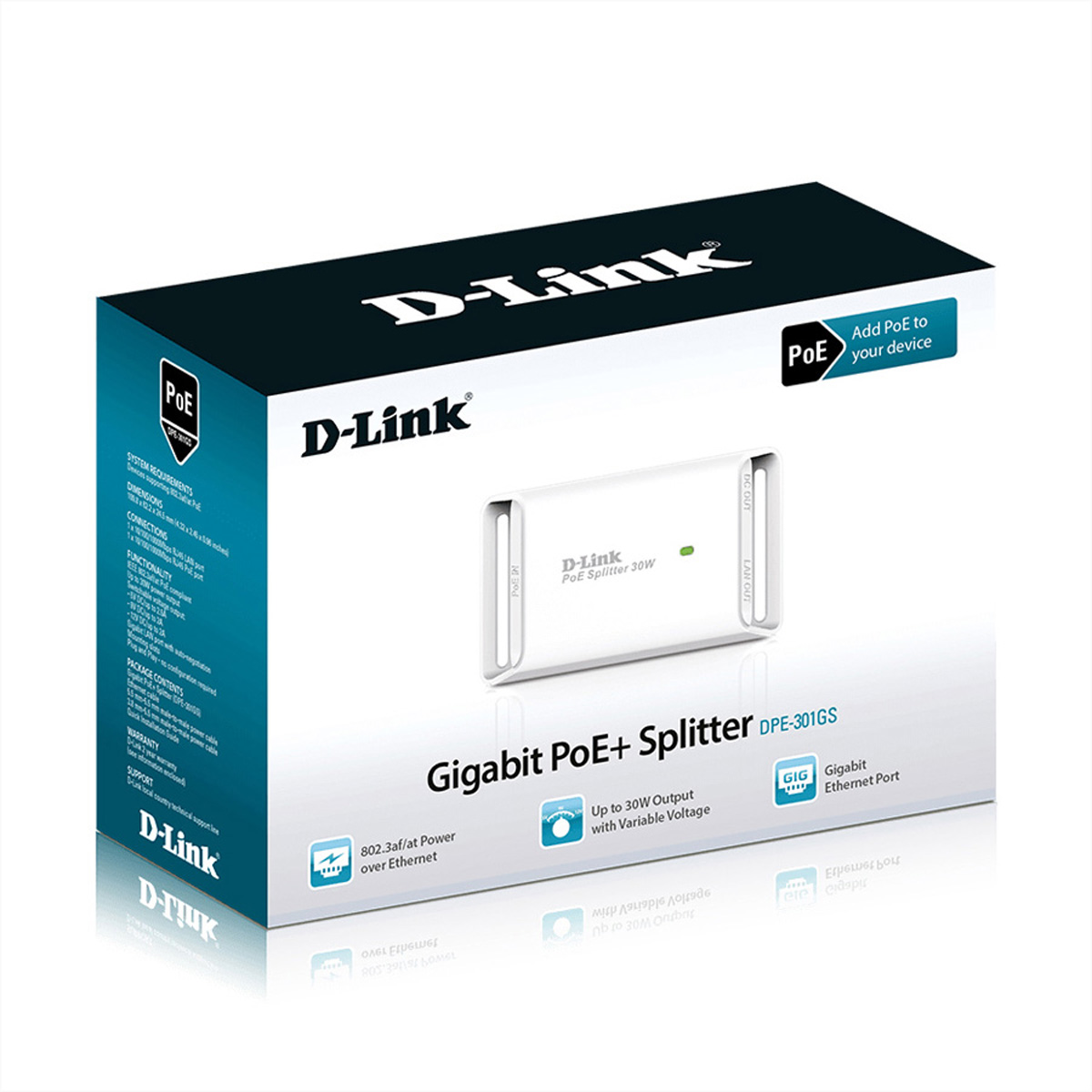 D-Link PoE+ Splitterbox mit Gigabit-Ethernet-Anschluss, weiß und blau. Text ist auf der Box.