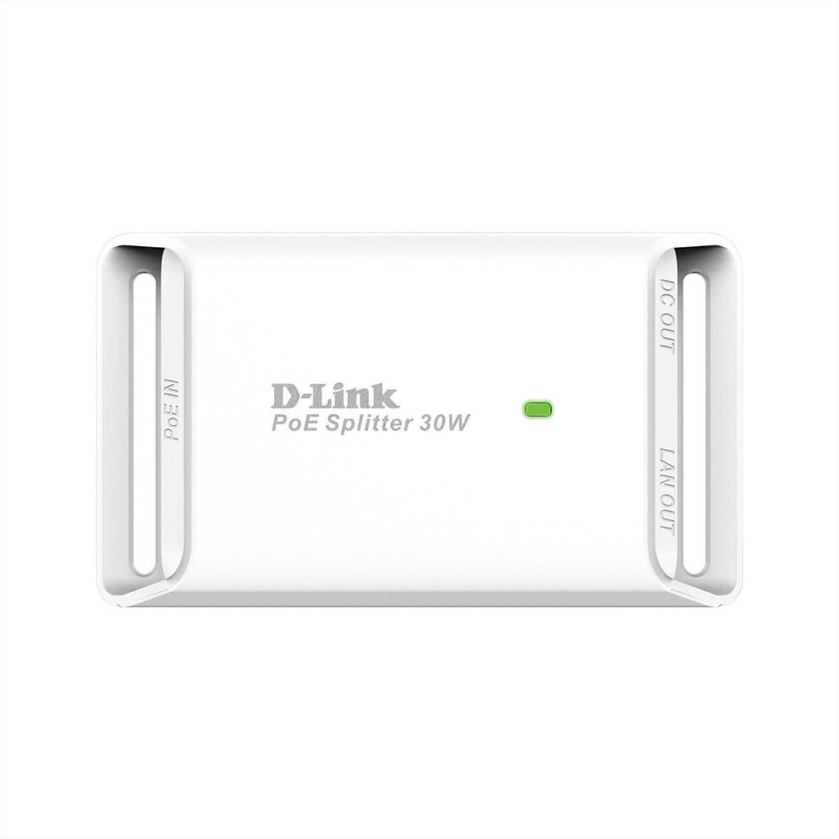 Weißer D-Link PoE-Splitter mit Etiketten. Er hat PoE IN-, DC OUT- und LAN OUT-Anschlüsse.