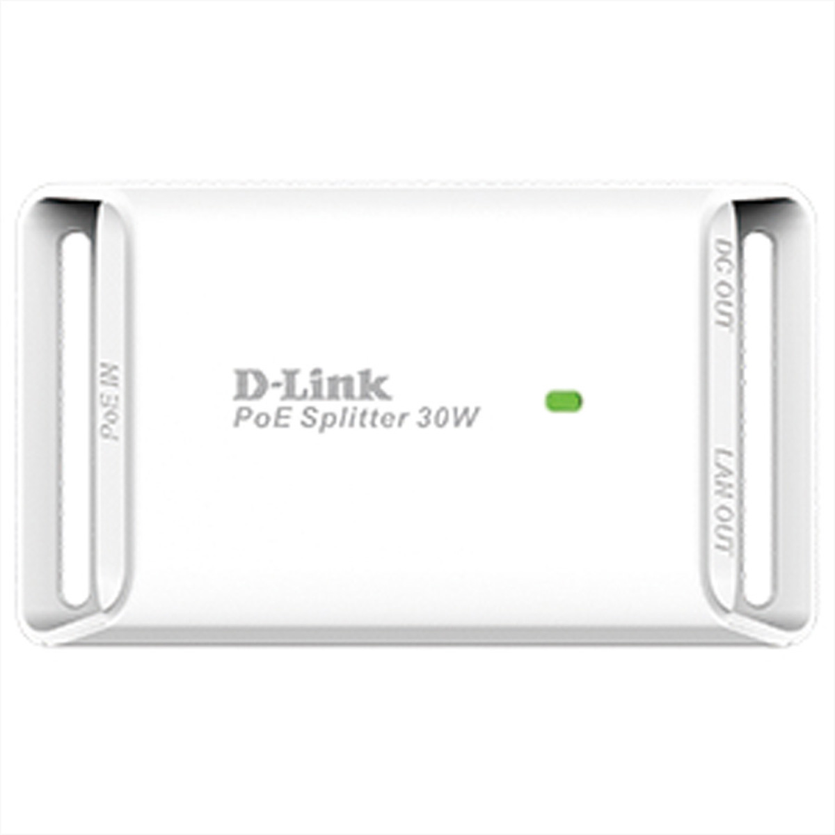 Weißer D-Link PoE-Splitter. Beschriftung: PoE IN, DC OUT, LAN OUT. Grünes Licht zeigt Betrieb an.