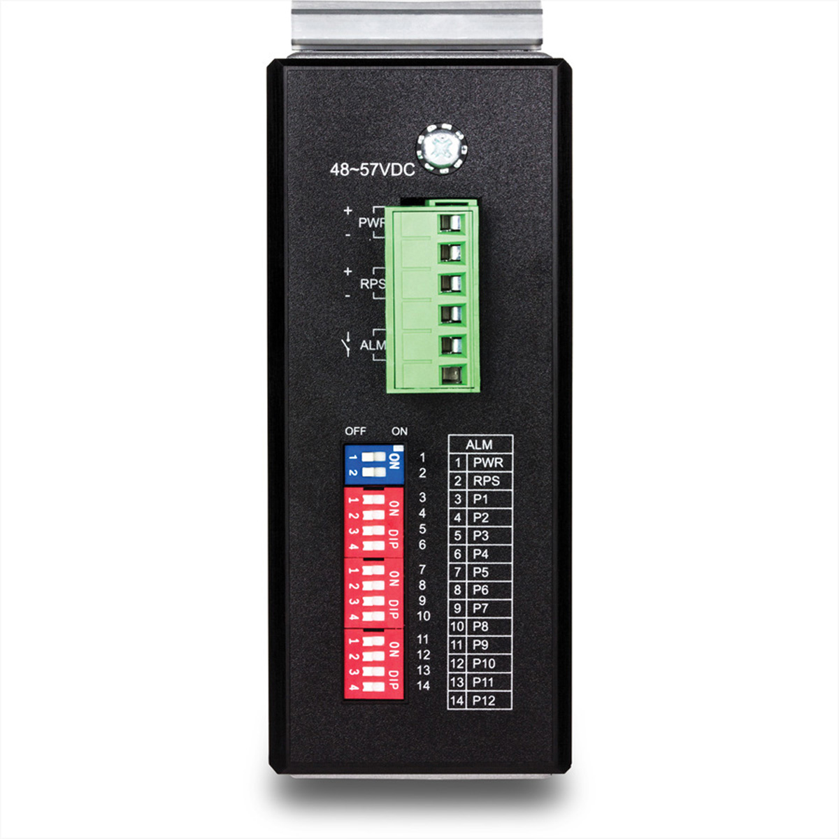 Componente elettrico nero con terminali verdi, etichettato con testo e numeri, con sfondo bianco.