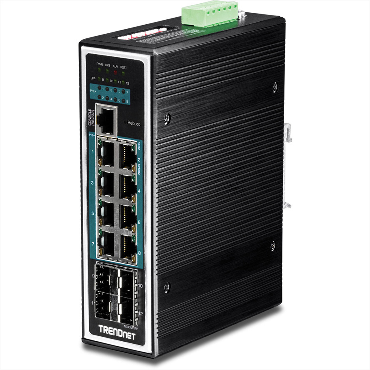 Uno switch di rete nero con più porte e indicatori, con marchio TRENDnet.
