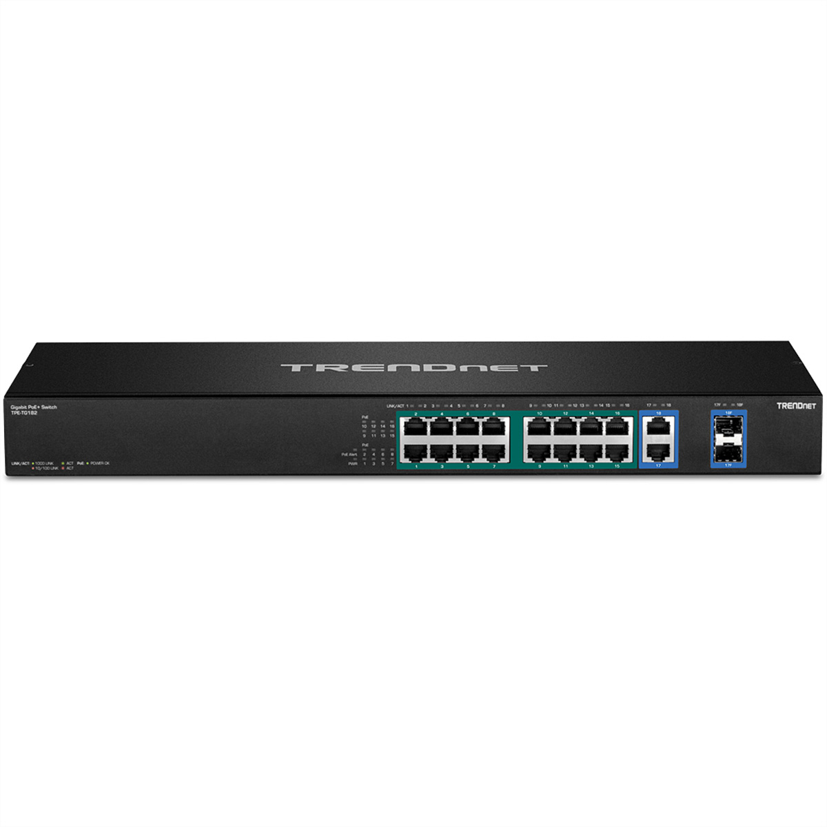 Ein schwarzer TRENDnet-Netzwerk-Switch mit 16 Ports. Das TRENDnet-Logo ist oben rechts sichtbar.