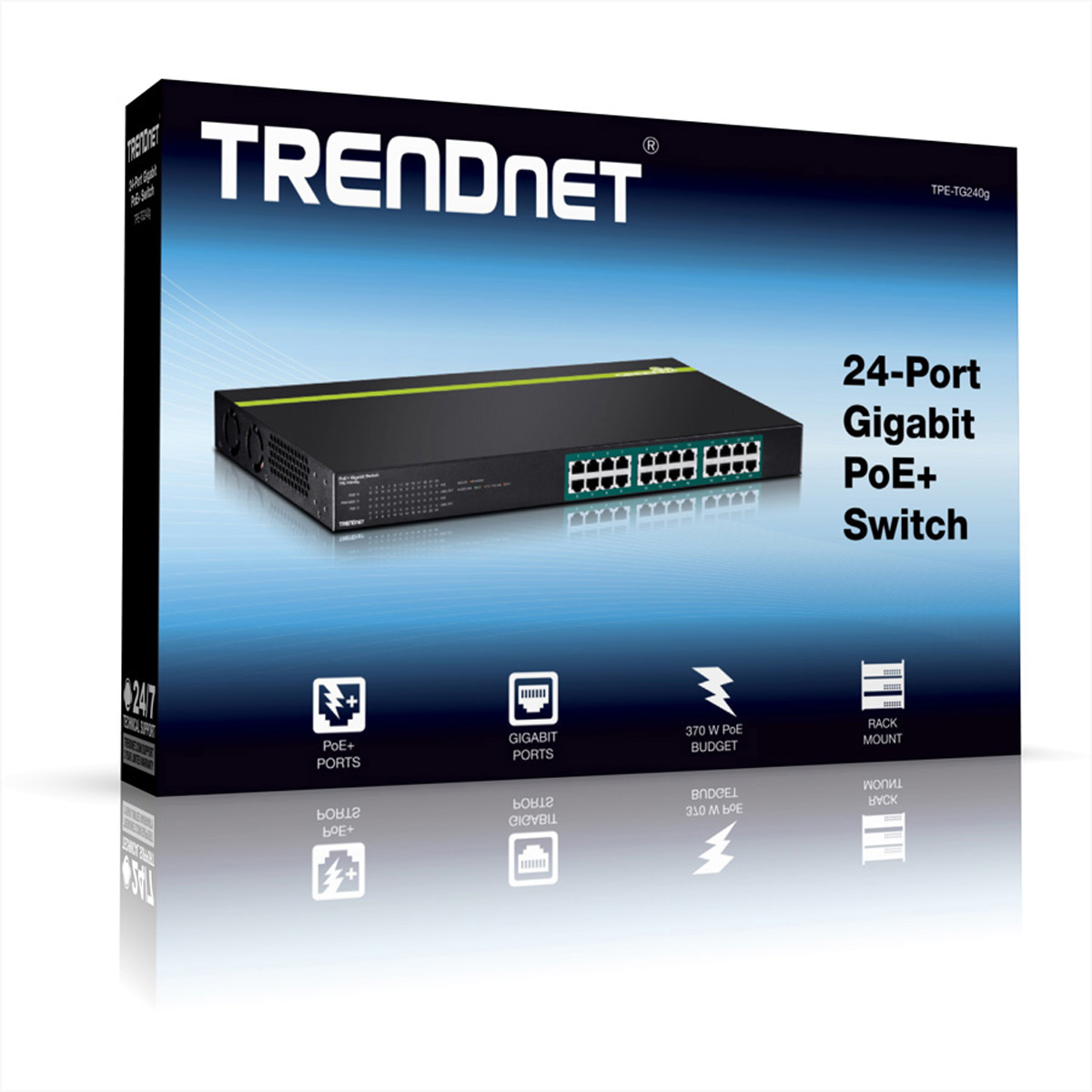 Eine schwarze TRENDnet 24-Port Gigabit PoE+ Switch-Box mit Etiketten.
