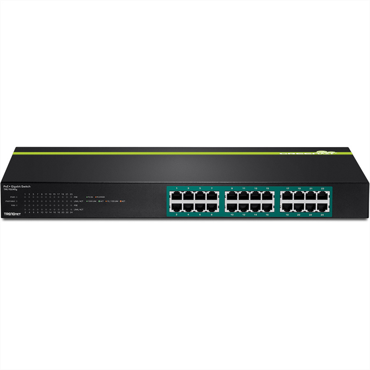 Ein schwarzer TRENDnet-Netzwerk-Switch mit grünen Akzenten auf weißem Hintergrund.