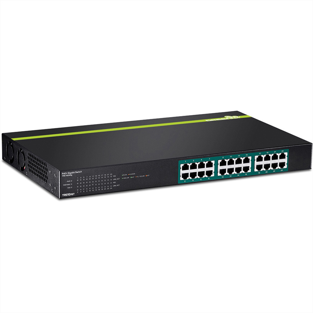 Schwarzer Netzwerk-Switch mit grünem Streifen. Viele Anschlüsse. Schwarze Box. Grüne und weiße Etiketten.