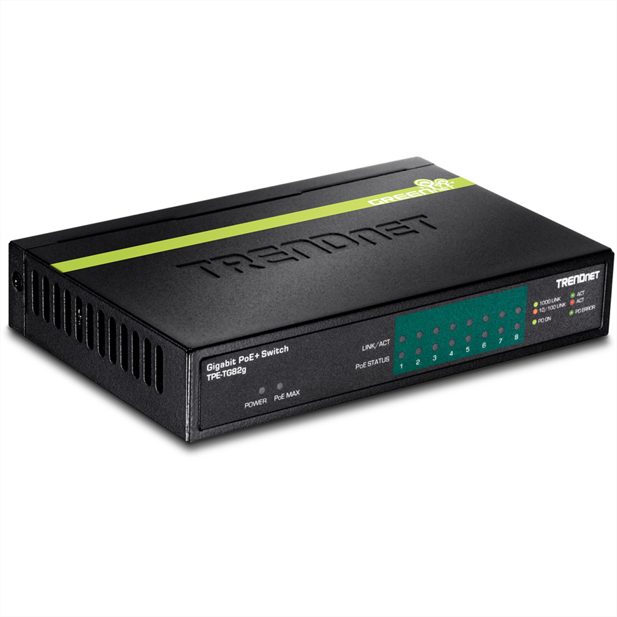 Switch TRENDnet Gigabit PoE+ nero. Include più porte, LED e un design elegante e compatto.
