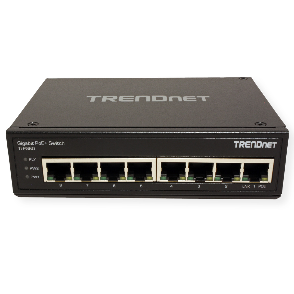 Schwarzer Netzwerk-Switch mit TRENDnet-Markennamen und mehreren Ethernet-Ports.