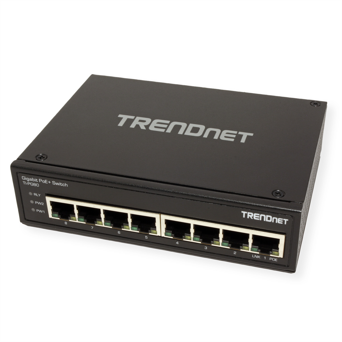 Ein schwarzer TRENDnet Gigabit PoE+ Switch mit mehreren Anschlüssen, aus der Nähe betrachtet.