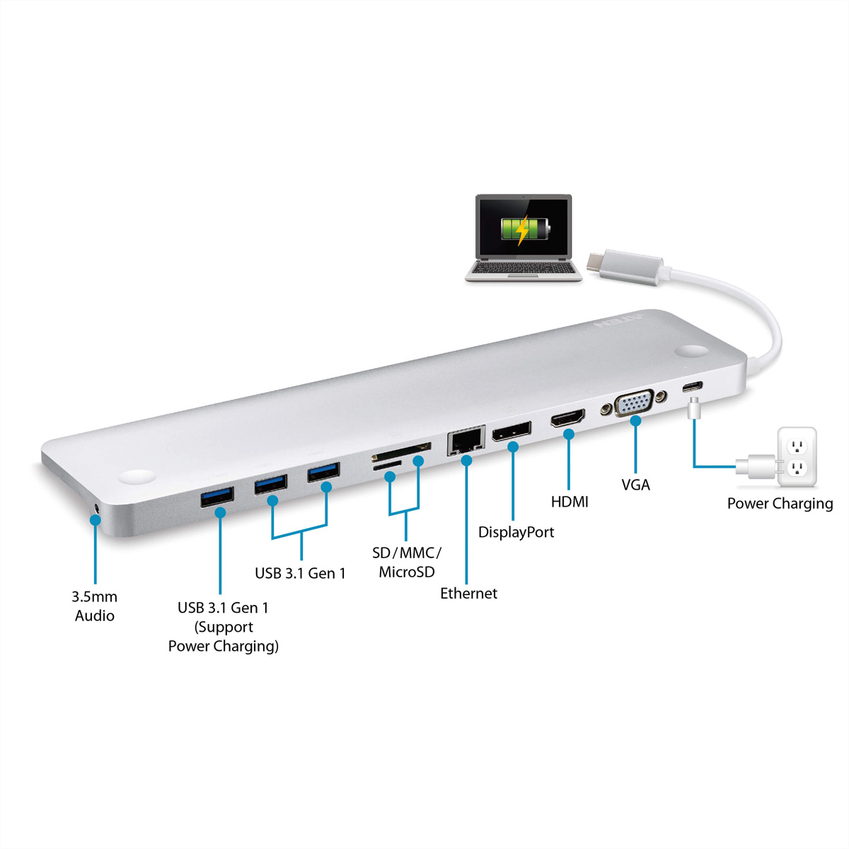 USB-DisplayPort ATEN UH3234 Adapter, USB-C Dock Power mit Multiport weiß Passthrough