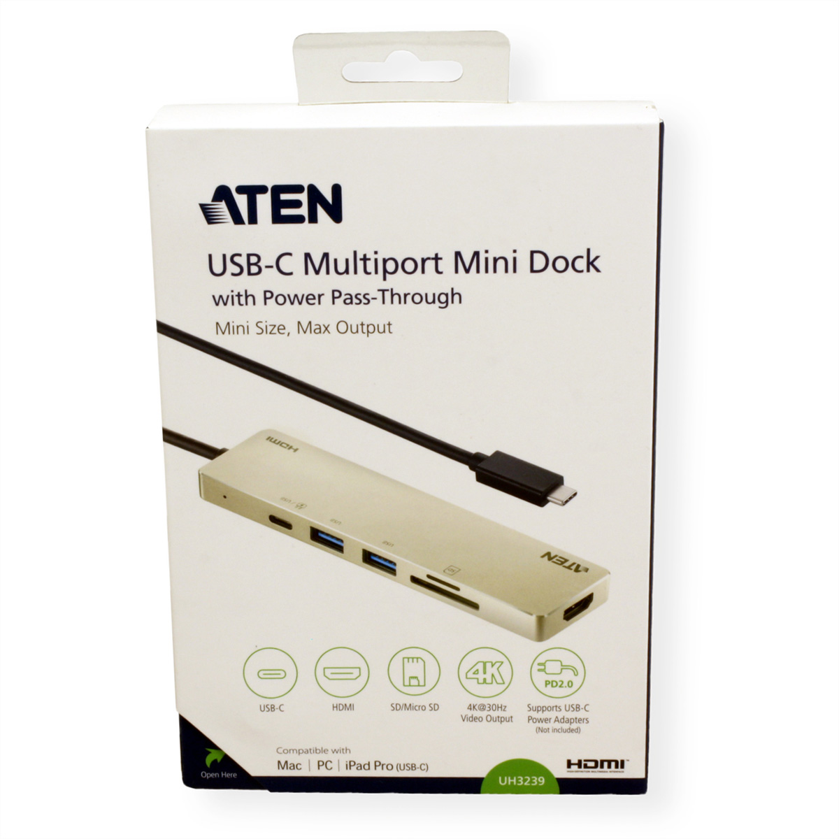 UH3239 Mini ATEN USB-C Passthrough Dockingstation Multiport Dockingstation, mit Power silberfarben