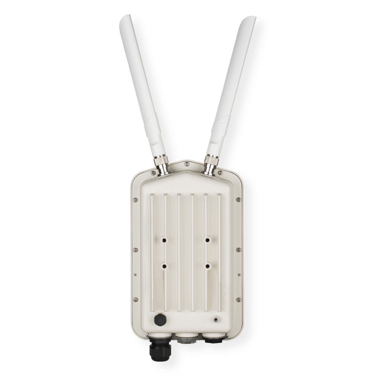 Witte rechthoekige antenne met twee omhooggerichte antennes, geïsoleerd.