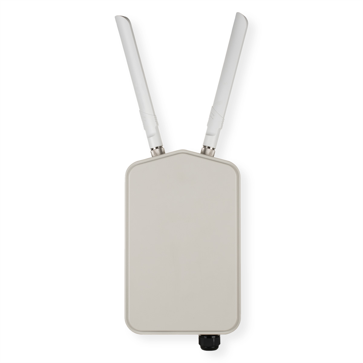 Een rechthoekige witte wifi-antenne met twee witte antennes die omhoog steken.