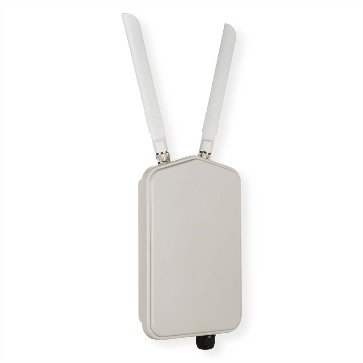 Een wit rechthoekig apparaat met twee witte antennes, tegen een witte achtergrond.
