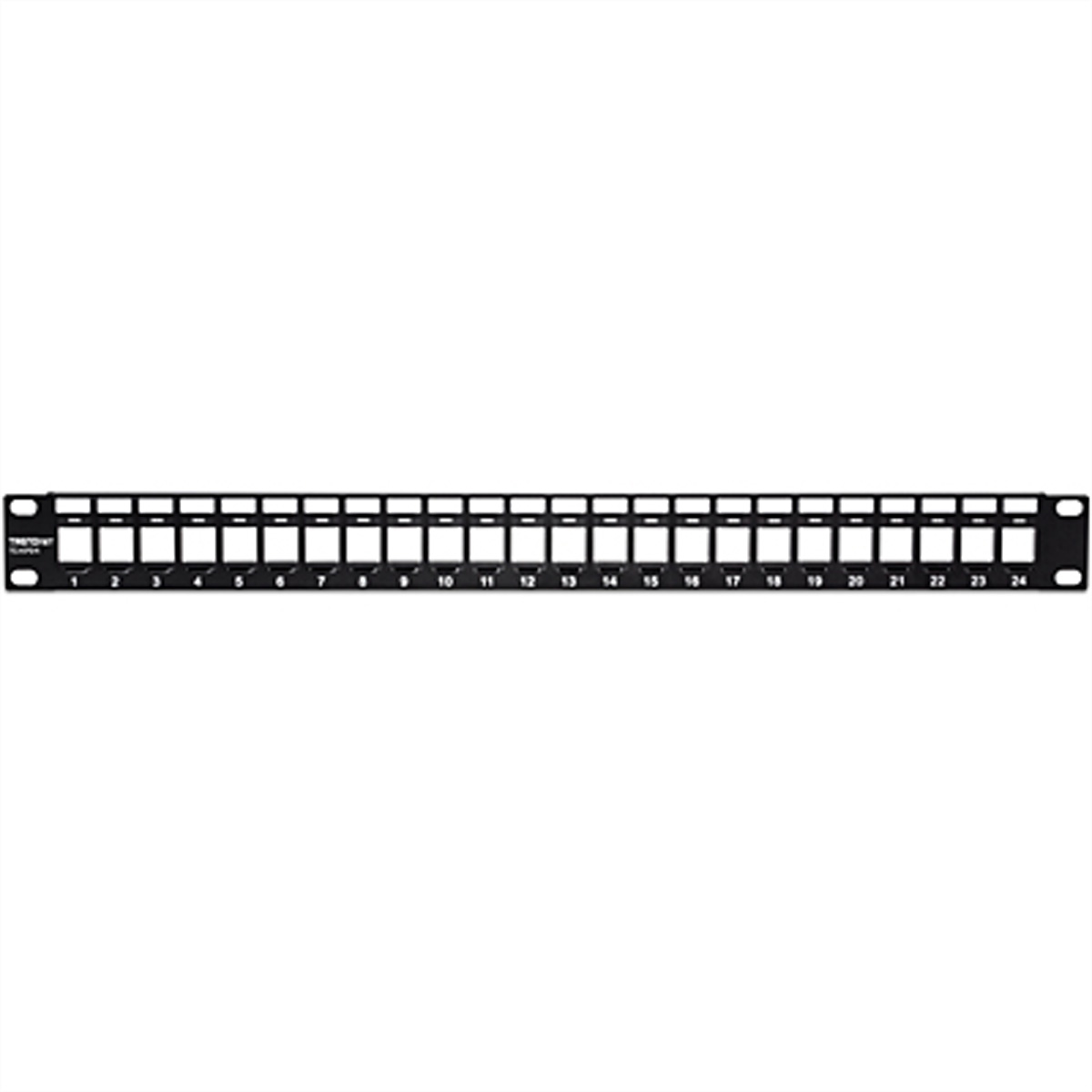 Ein schwarzes 24-Port-Patchpanel mit nummerierten Anschlüssen, auf weißem Hintergrund dargestellt.