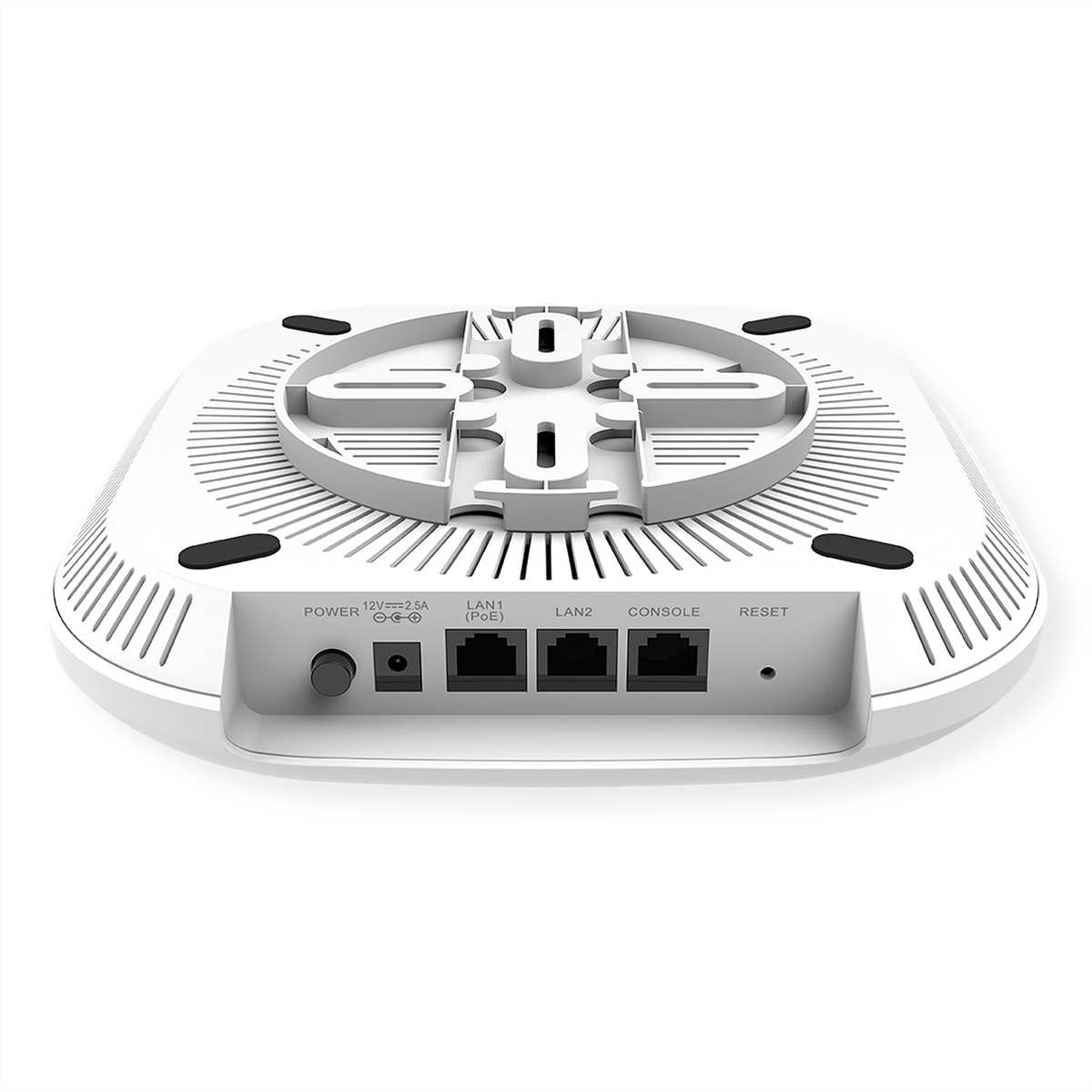 Widok z tyłu białego urządzenia sieciowego z portami i przyciskami.