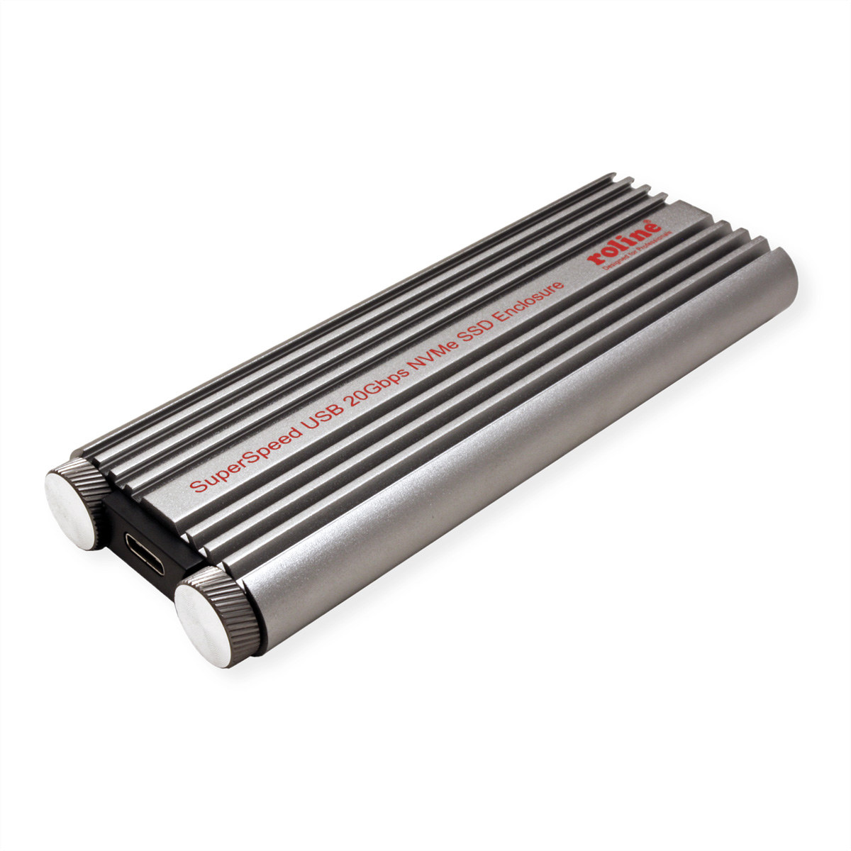 Silbernes externes SSD-Gehäuse. Der Text 'SuperSpeed USB 20Gbps NVMe SSD Enclosure' ist sichtbar.