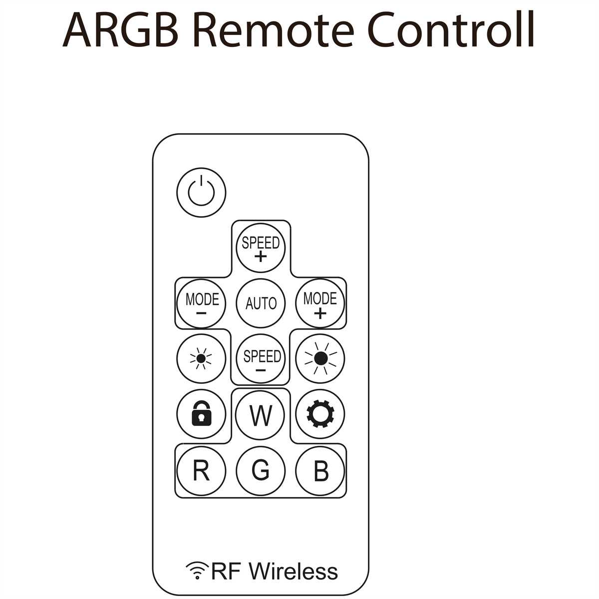 Remote control with buttons. Text: ARGB Remote Control. Black and white design. White background.