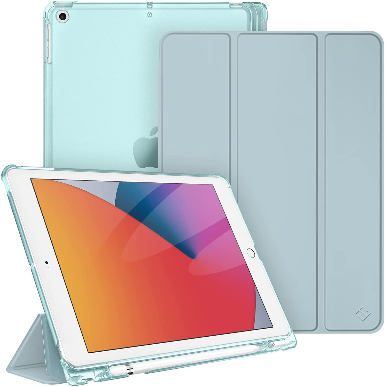 Mintgrünes iPad mit Hülle und Cover. Das iPad ist zum Betrachten aufgestellt. Hülle und Cover sind hellgrün.