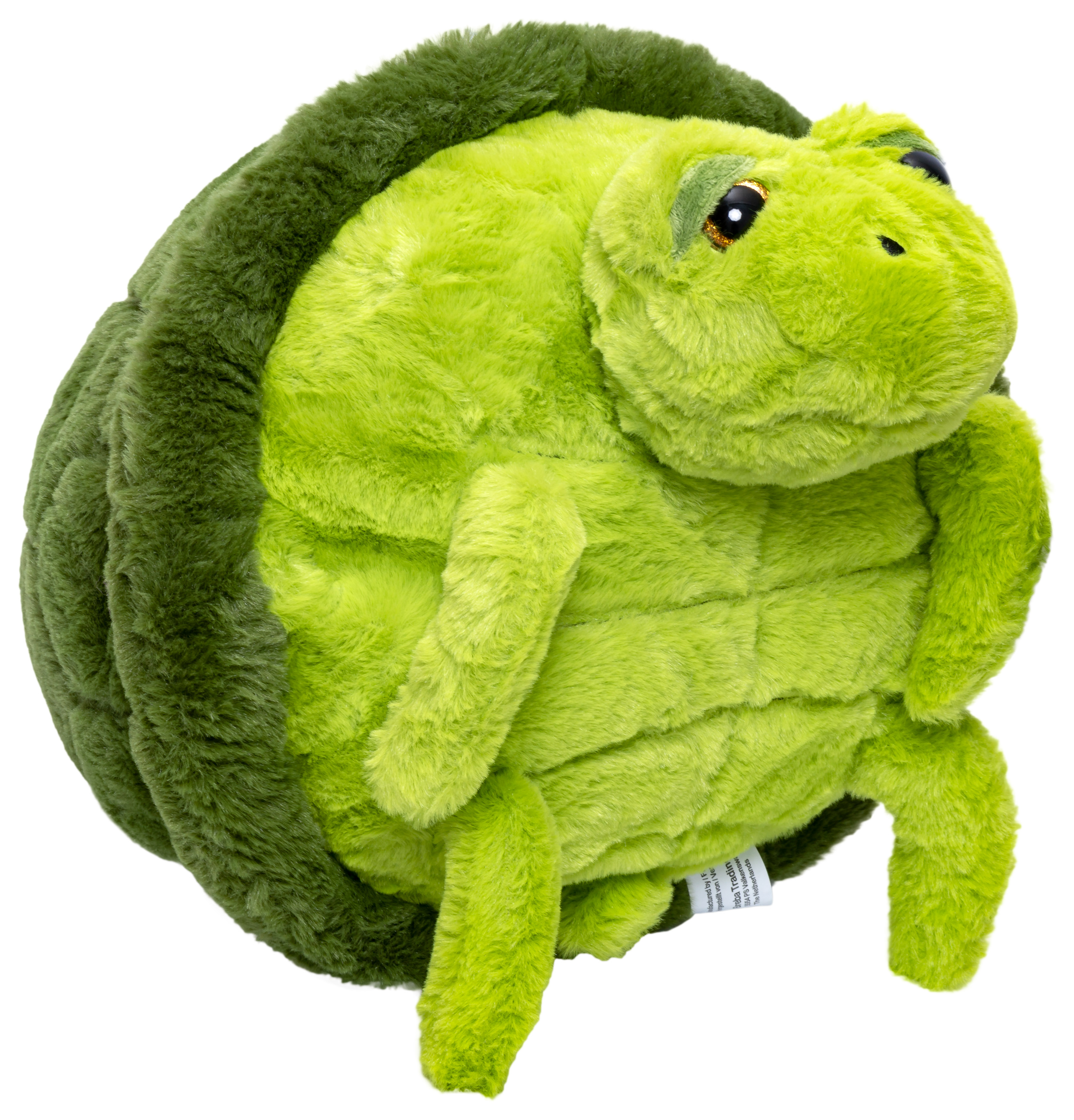 Ein grünes Plüsch-Schildkrötenspielzeug mit großem Panzer und Gliedmaßen. Es hat ein Etikett an der Seite.