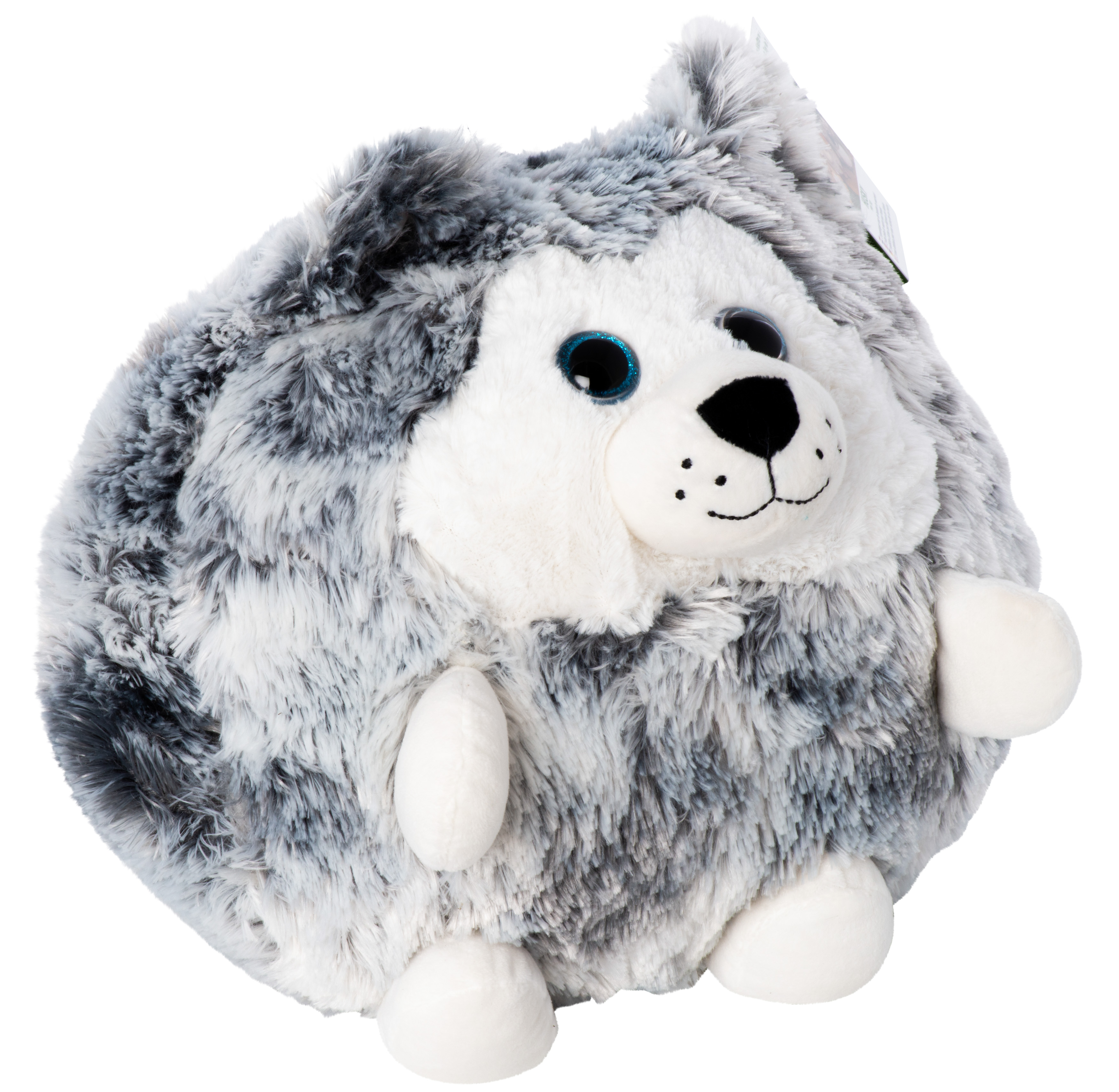 Ein Stofftier-Husky mit grau-weißem Fell, blauen Augen und einem niedlichen Ausdruck.