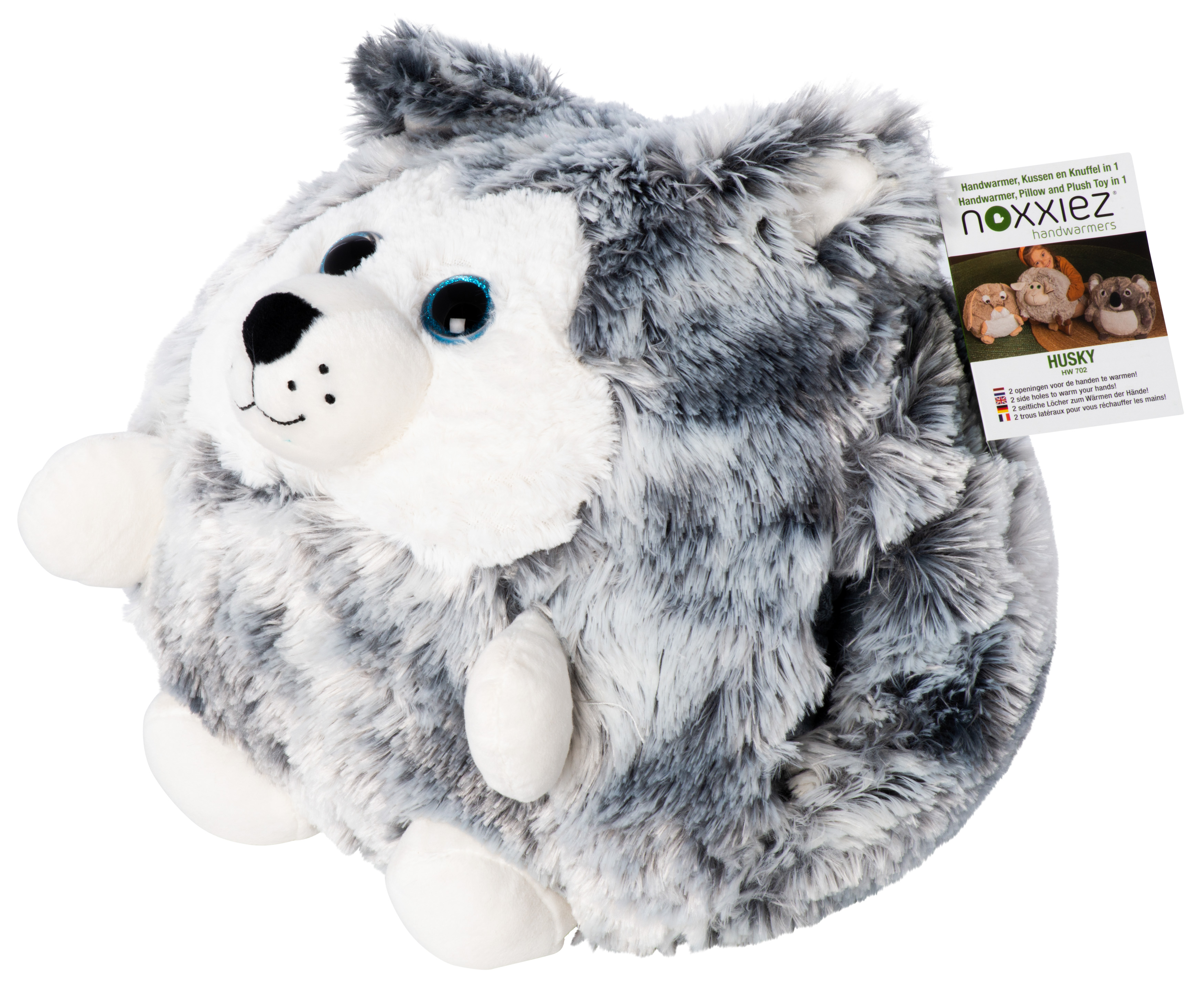 Huskie-Plüschtier mit Etikett, weißer Hintergrund.