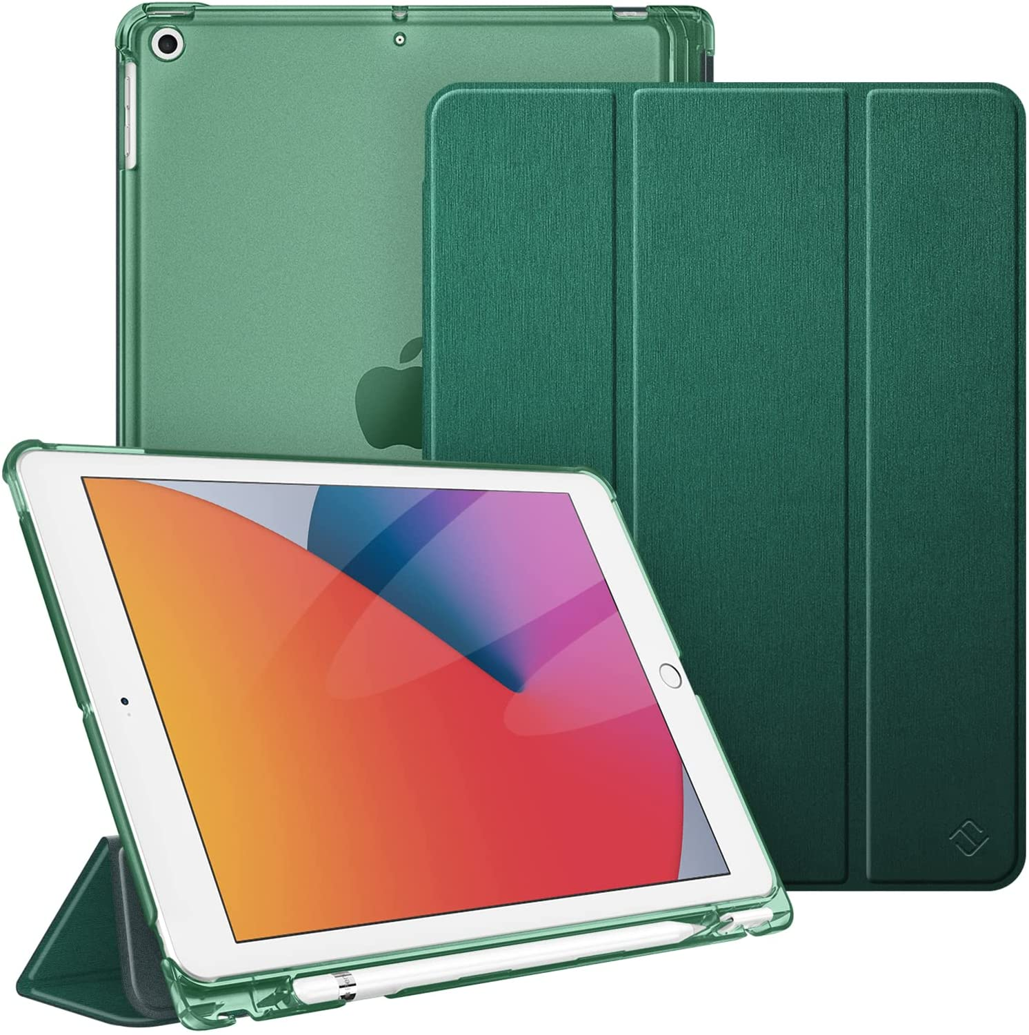 Grüne iPad und Hüllen. Ein iPad ist mit einem Stift geöffnet. Im Hintergrund sind andere Hüllen zu sehen.