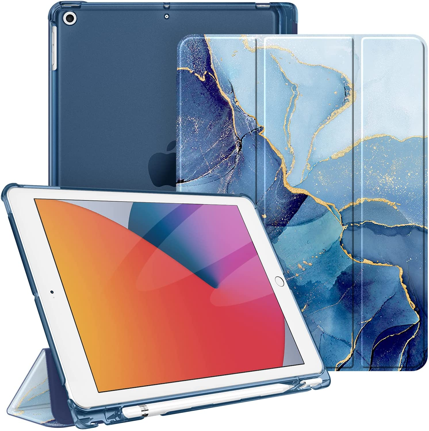 Blaues iPad mit Hülle. Drei Ansichten: vorne, hinten und wenn die Hülle als Ständer geöffnet ist.