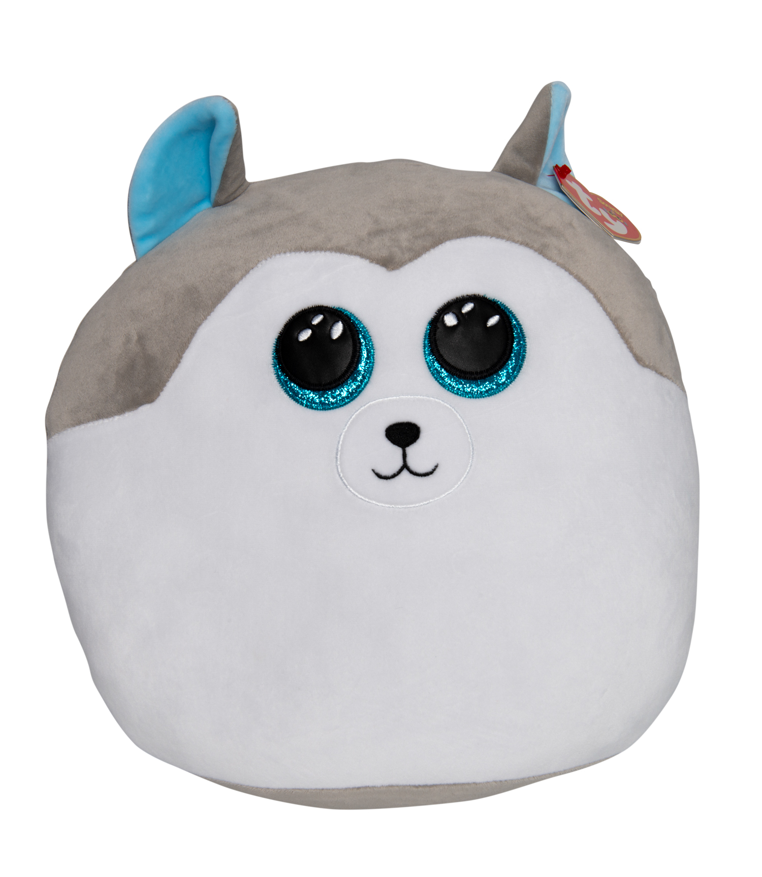 Plüsch-Husky-Hundespielzeug, grau, weiß und blau.