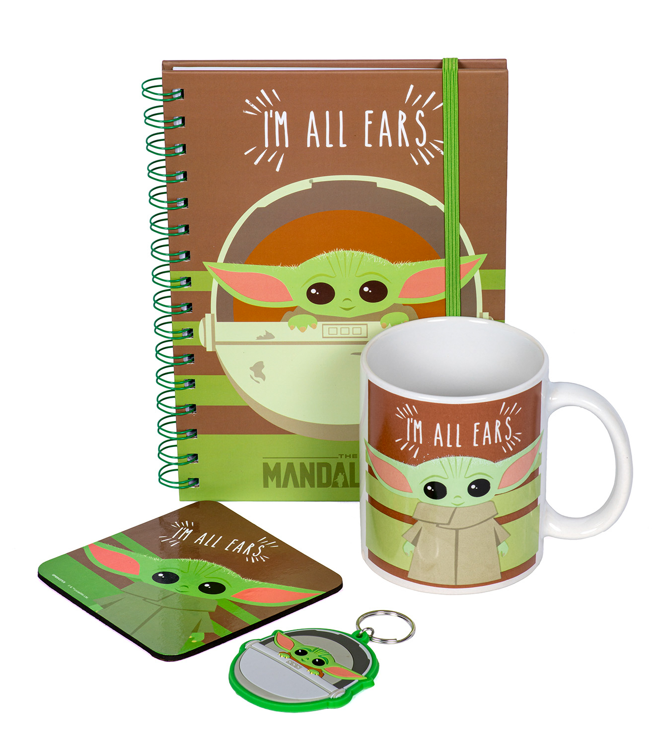 Grogu-Merchandise-Set: Notizbuch, Tasse, Untersetzer, Schlüsselanhänger, und Notizblock.