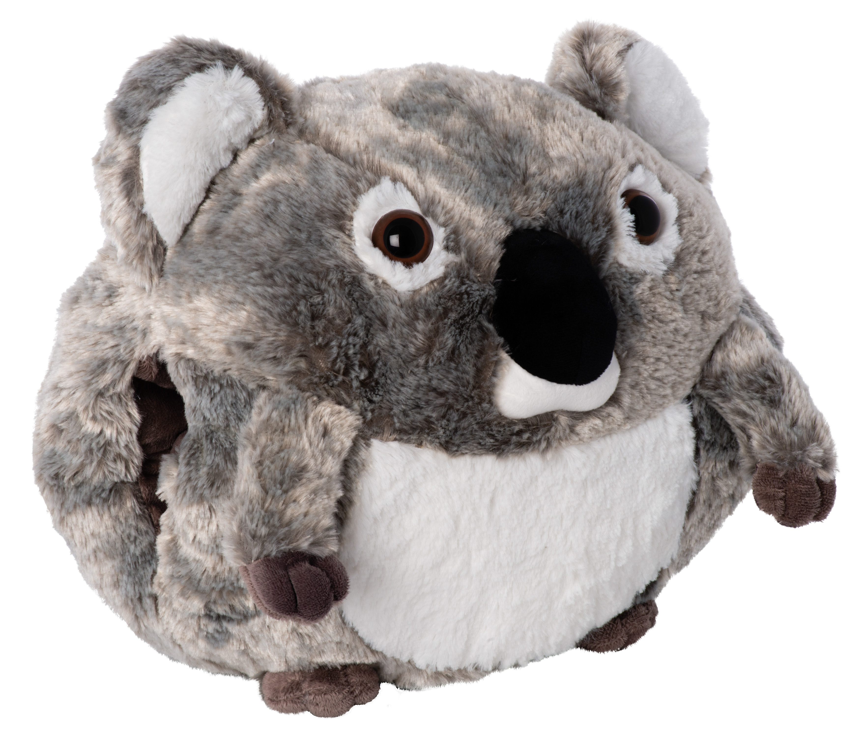 Koala-Bär-Plüschtier, grau und weiß, mit schwarzer Nase und braunen Augen.