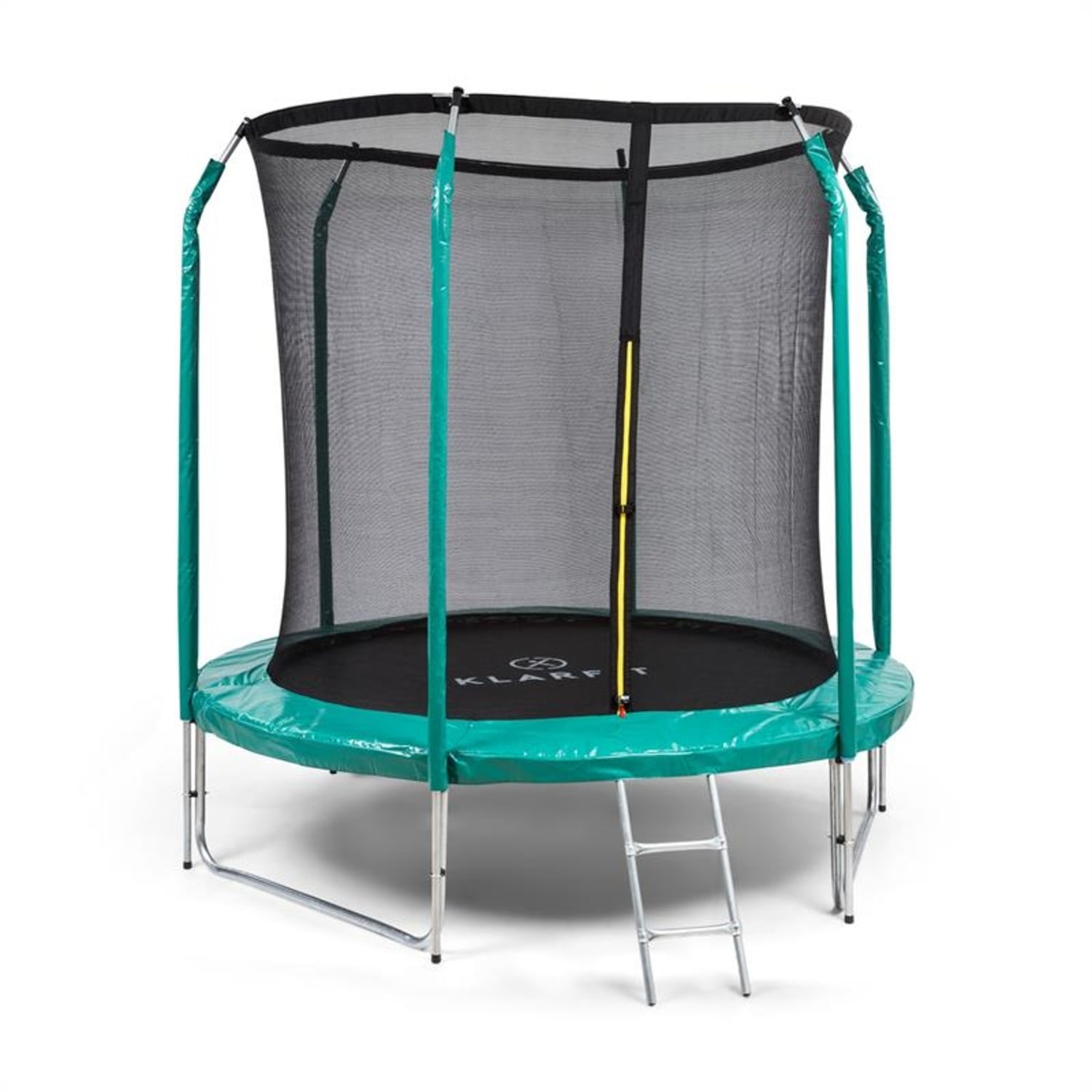 Trampolin mit grünem Rahmen und Sicherheitsnetz. Leiter auf einer Seite.