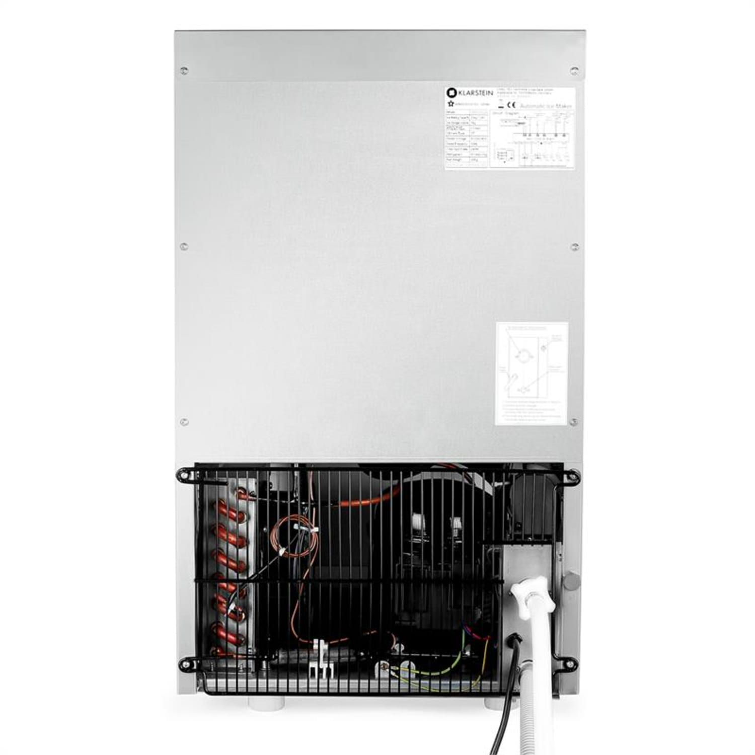 Rückseite eines silbernen Eismaschinen. Zeigt Innenteile, ein schwarzes Gitter, und Metall.