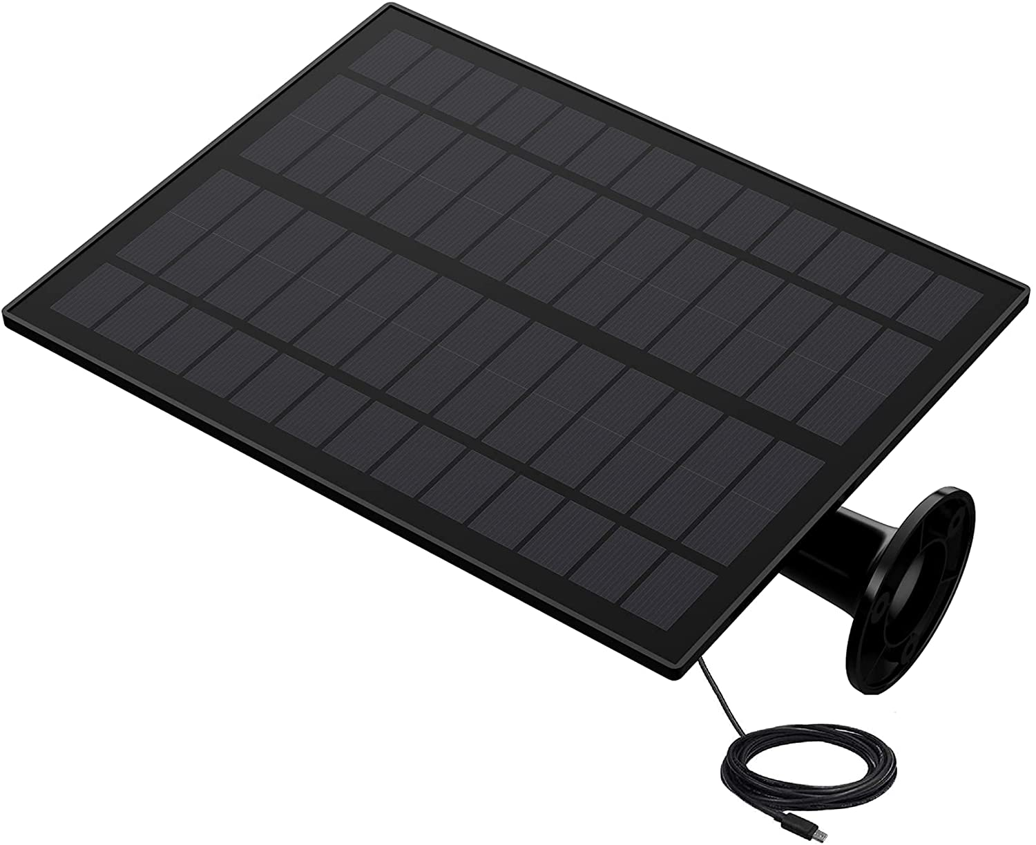 Pannello solare nero con cavo USB collegato, su sfondo bianco.
