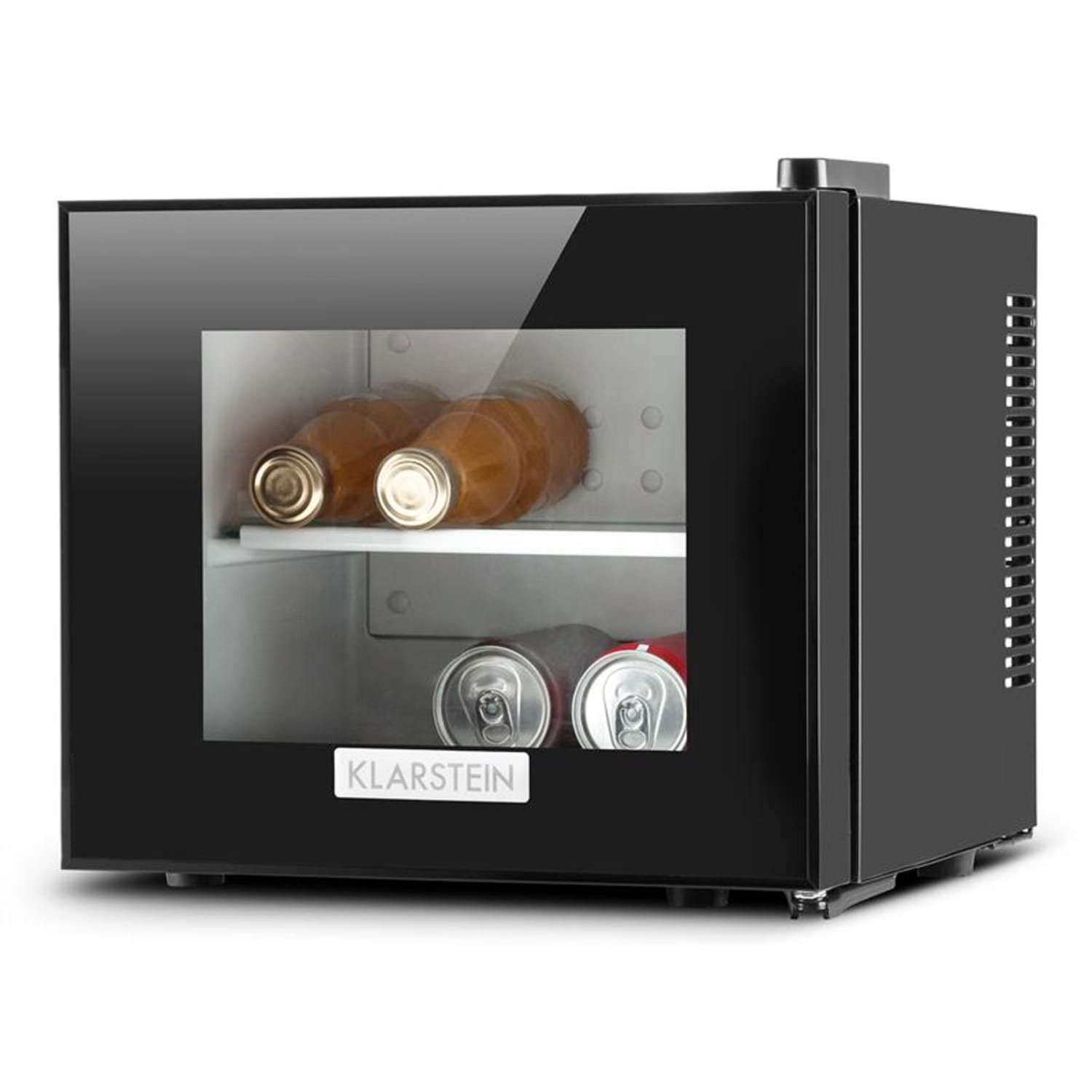 Mini frigo nero con porta in vetro. Due bottiglie e lattine all'interno.