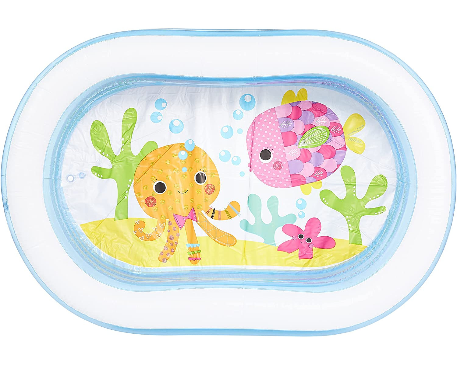 Aufblasbarer Kinderpool mit Cartoon-Meeresbewohnern. Ovale Form, blau und weiß. Oktopus und Fisch.