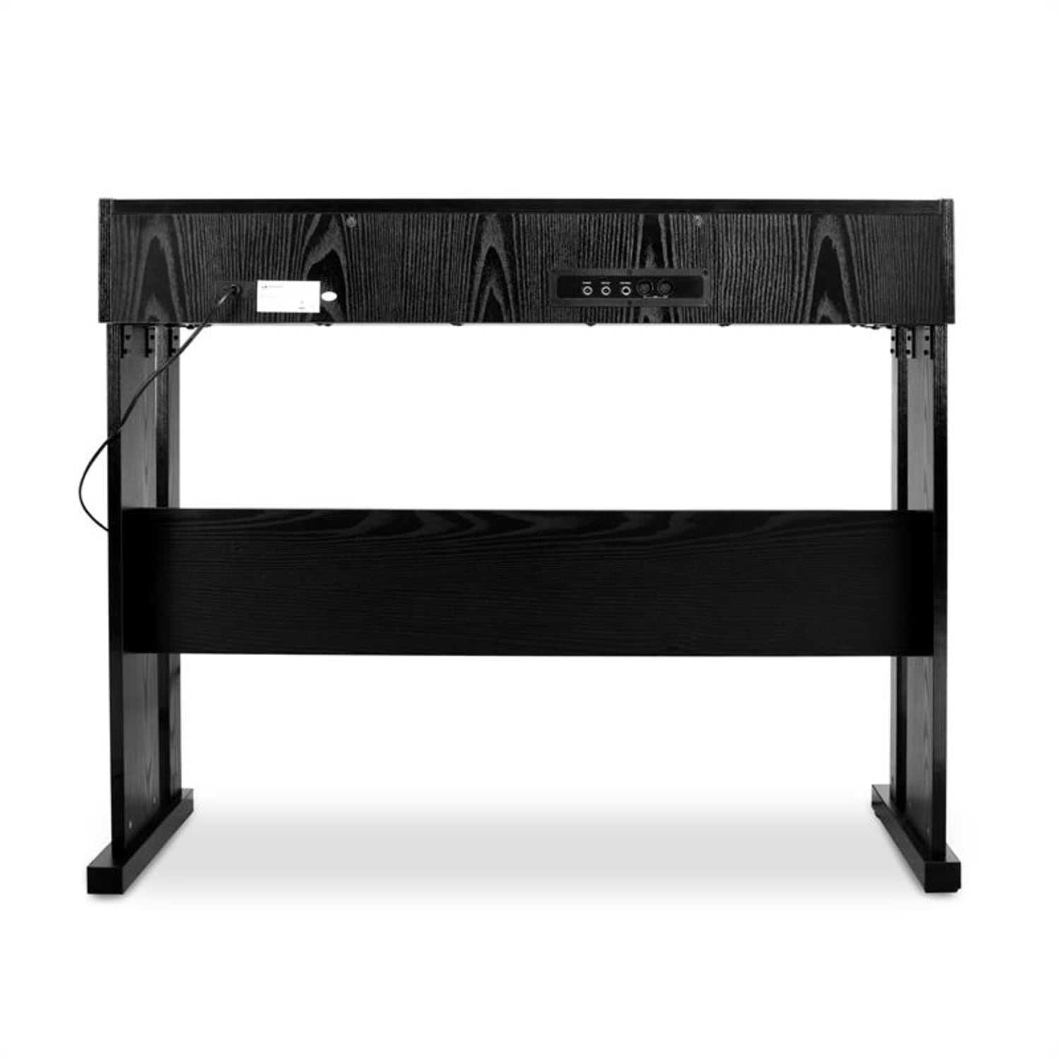 Schwarzes Klavier von hinten. Holzdesign und -konstruktion. Strom- und Audioeingänge sichtbar.