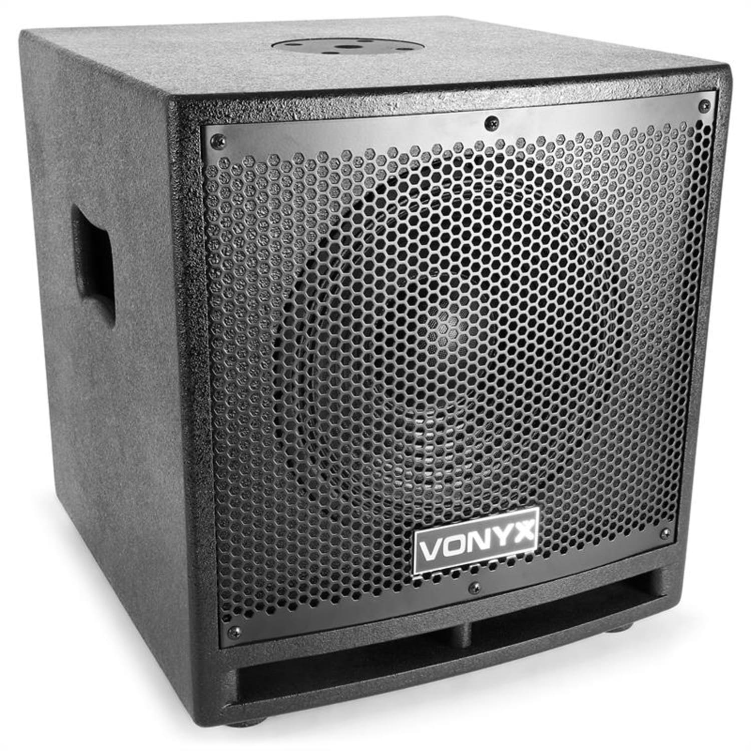 Un altavoz cuadrado negro con una rejilla metálica frontal. Se ve el nombre de la marca VONYX.