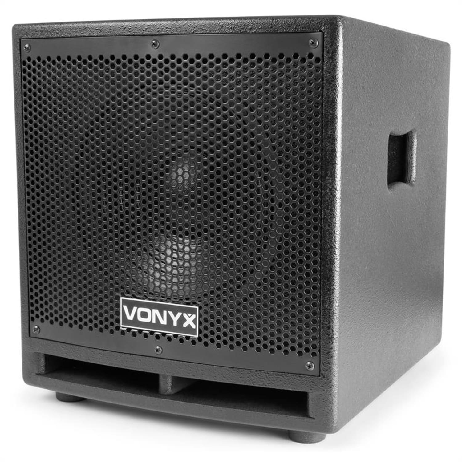Un altavoz negro con una parte frontal de malla y el logotipo VONYX, sobre un fondo blanco.