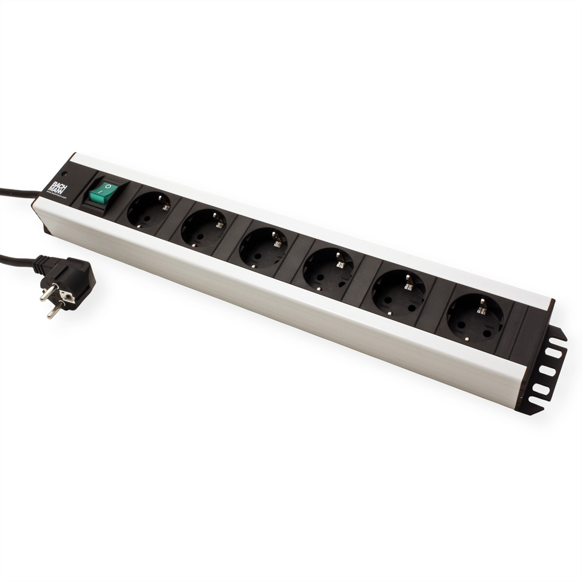 Listwa zasilająca z sześcioma gniazdami i zielonym włącznikiem. Czarna wtyczka i kabel.